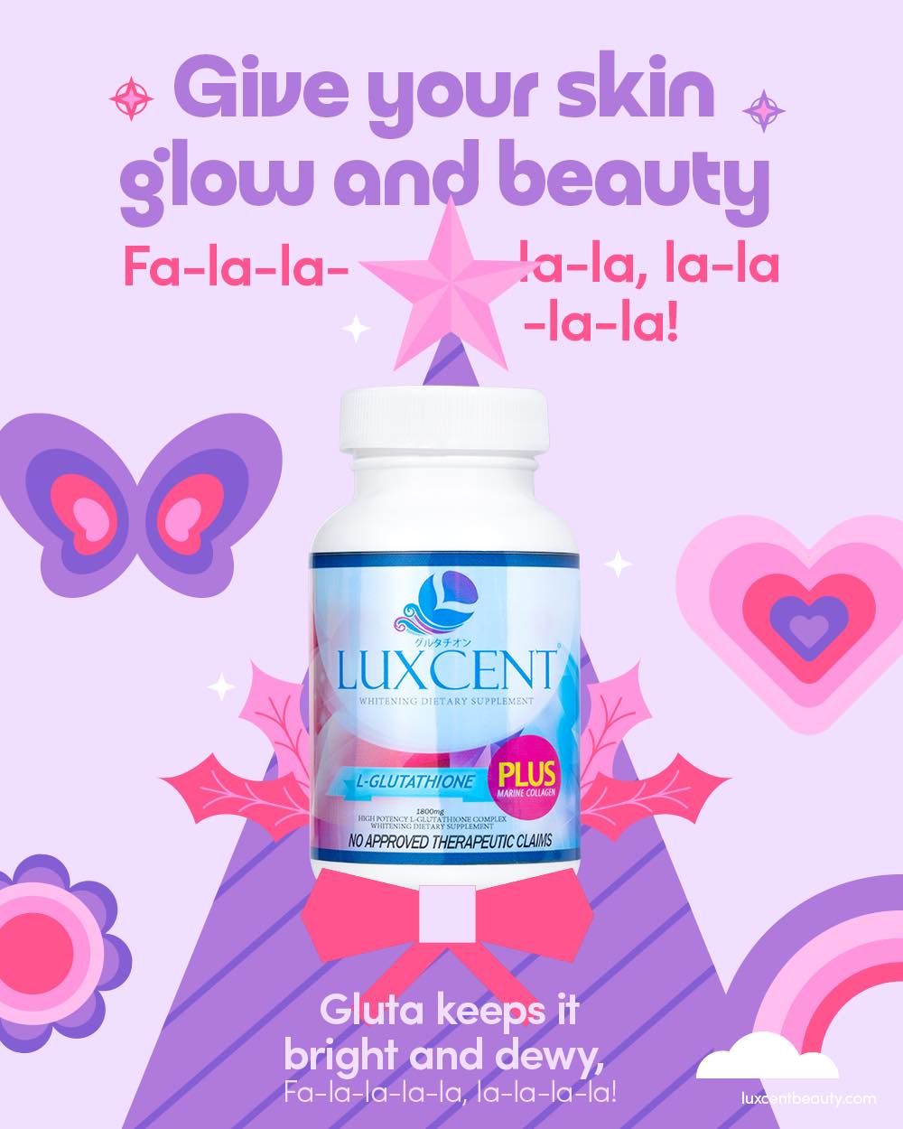 Jingle all the way to a radiant skin with Luxcent Glutathione! Let your skin glow bright and dewy all day & night! 🎶💧Get yours now! #skincare #collagen #japan #beauty #purebeautycollagen #luxcent #selflove #