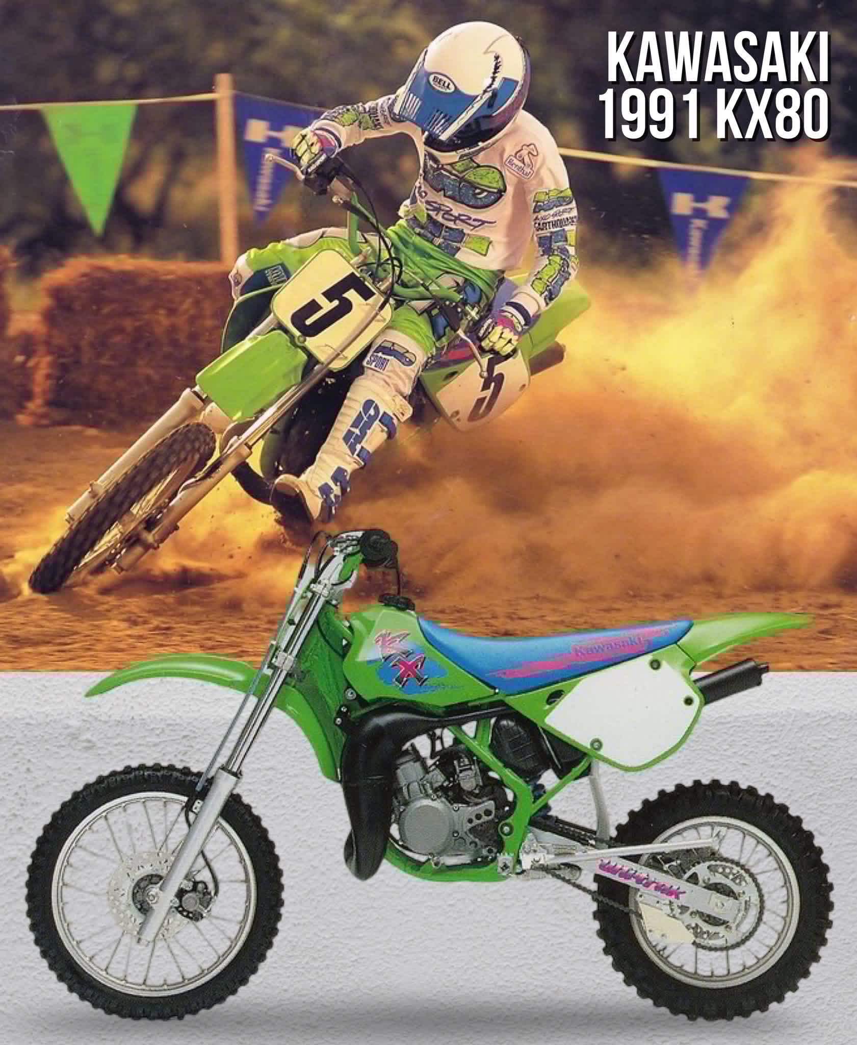 Kawasaki KX80 style evolution from 80s to 90s
