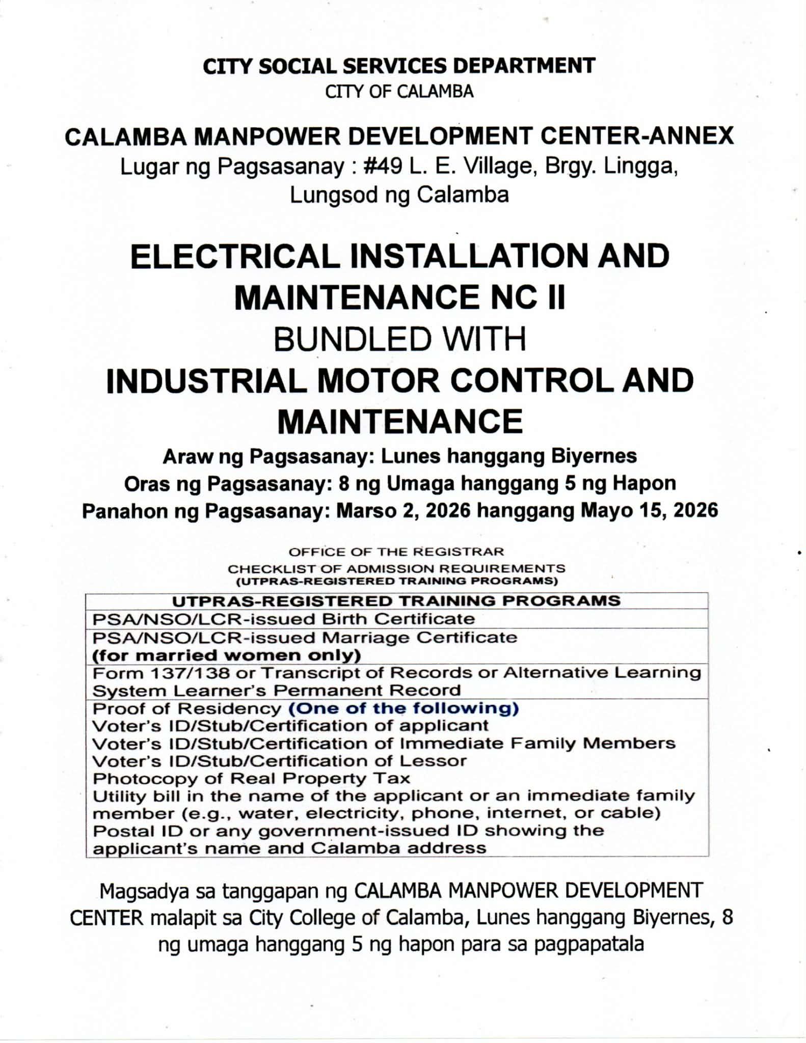 Calamba - Last January 7, 2025 Calamba Manpower Development Center TWSP ...