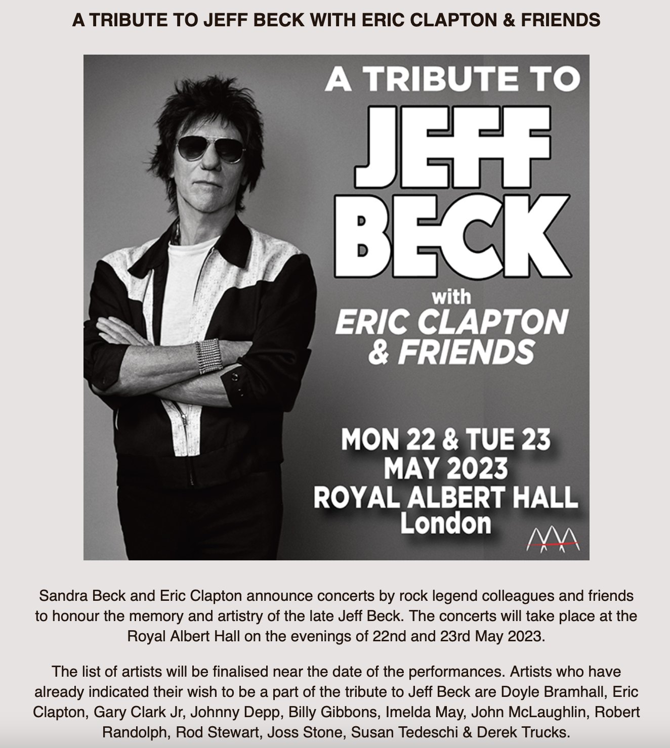 A Tribute to Jeff Beck with Eric Clapton & Friends is happening at