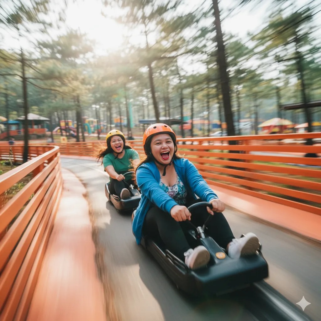 Sarah - 2 girls riding the luge or playground rides in Dahilayan ...