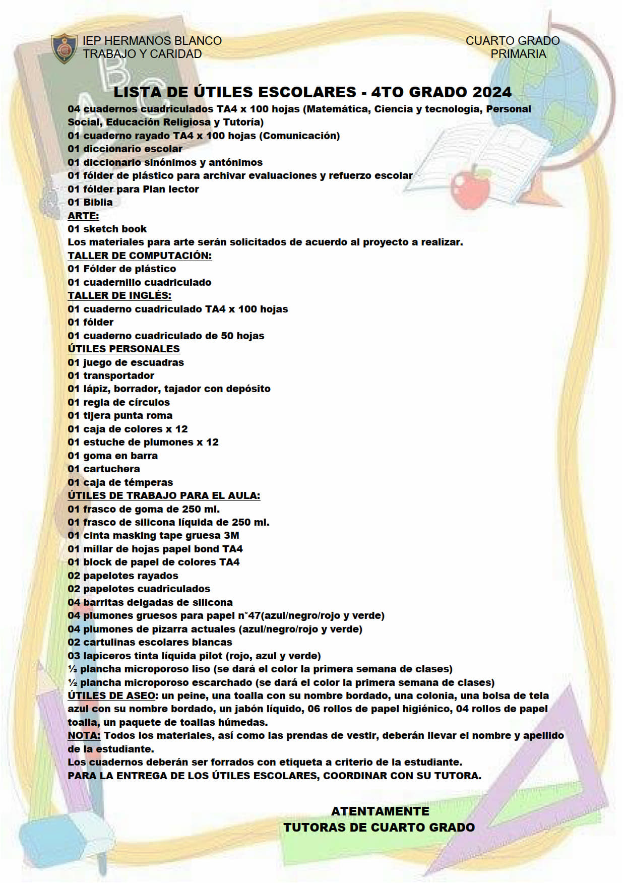 Lista De útiles Escolares Para 4to Grado Lista De Utiles Escolares