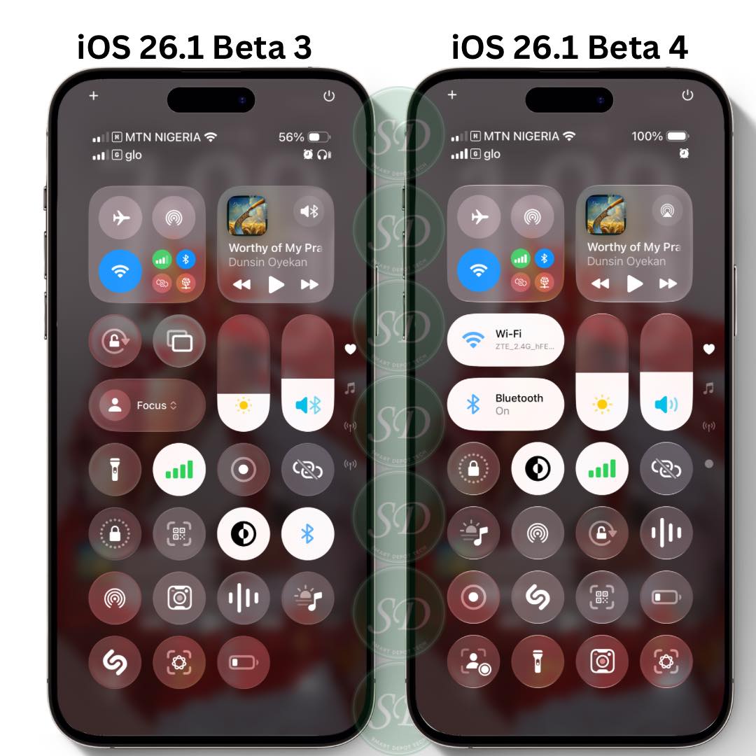 Smart - iOS 26.1 Beta 4 vs iOS 26.1 Beta 3 Control Center. Spot the ...