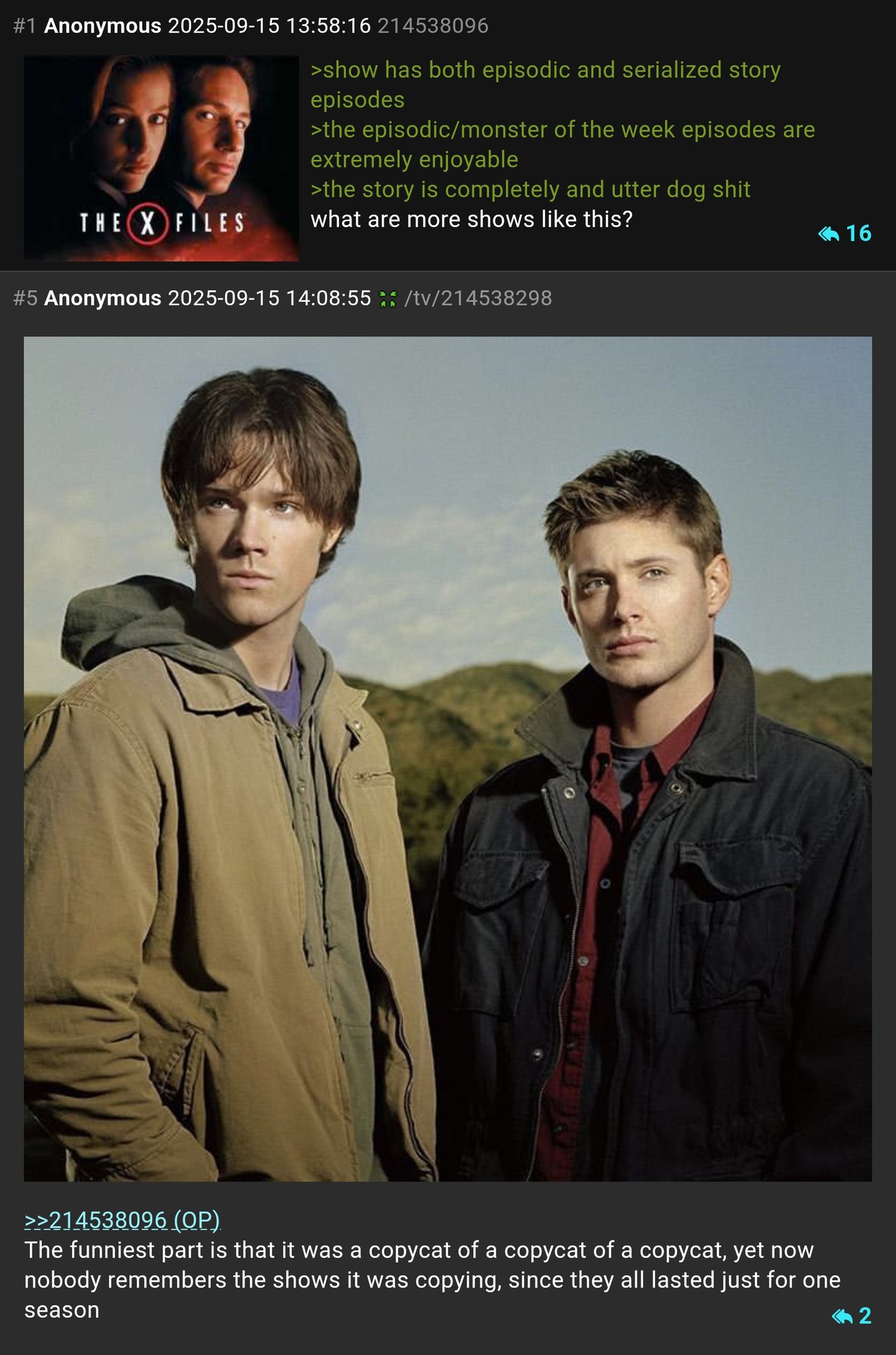 Threads - I haven't seen X-Files yet but yeaj on Supernatural after ...
