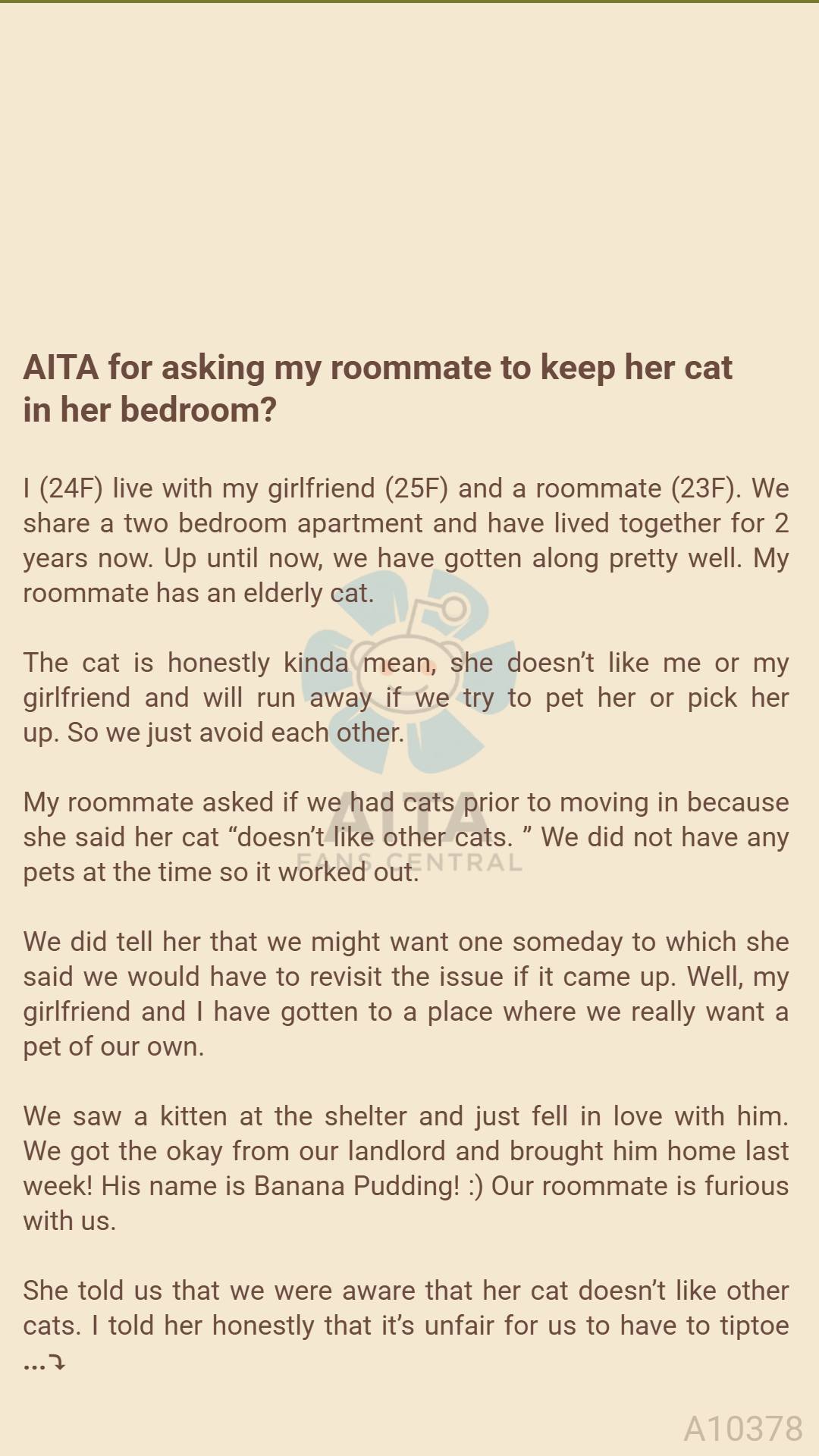 AITA - 🚲 🍸 AITA for asking my roommate to keep her cat in her bedroom ...