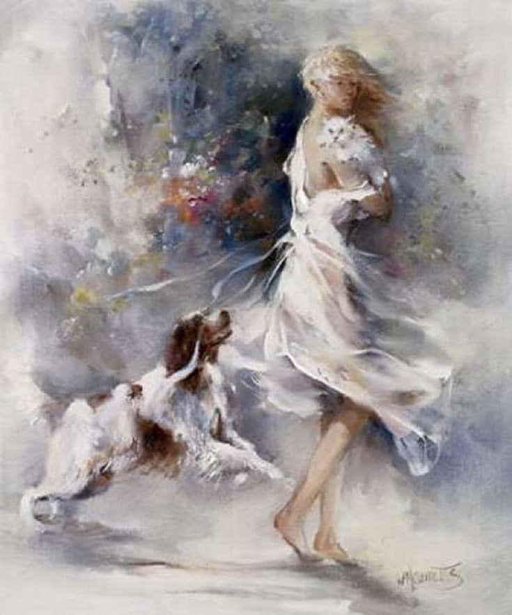 Willem Haenraets' impressionist watercolour of girl with cat and dog