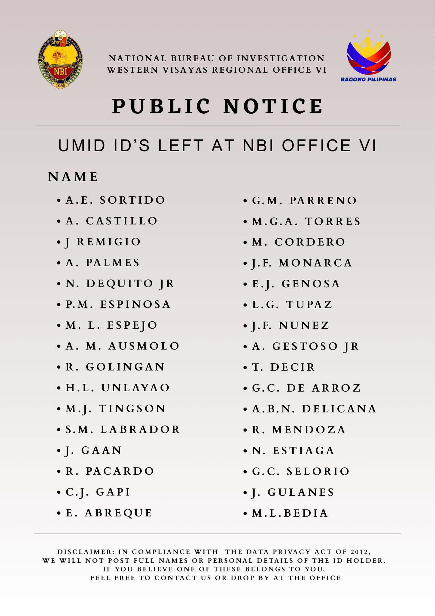 𝐍𝐁𝐈-𝐖𝐄𝐕𝐑𝐎 - 📌 PUBLIC NOTICE: UMID IDs Left at NBI Office Several UMID ...