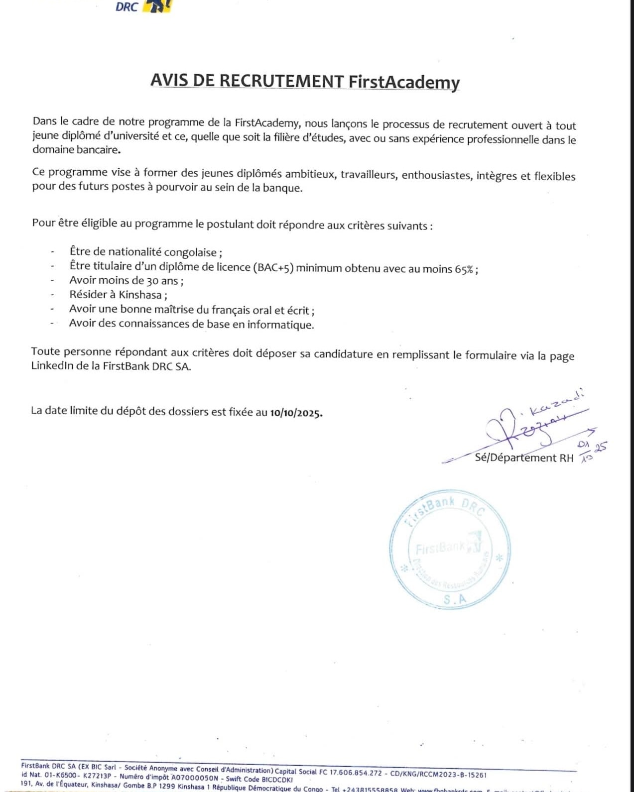 FirstBank DRC recrute des jeunes... - Offre d'emploi RDC | Facebook