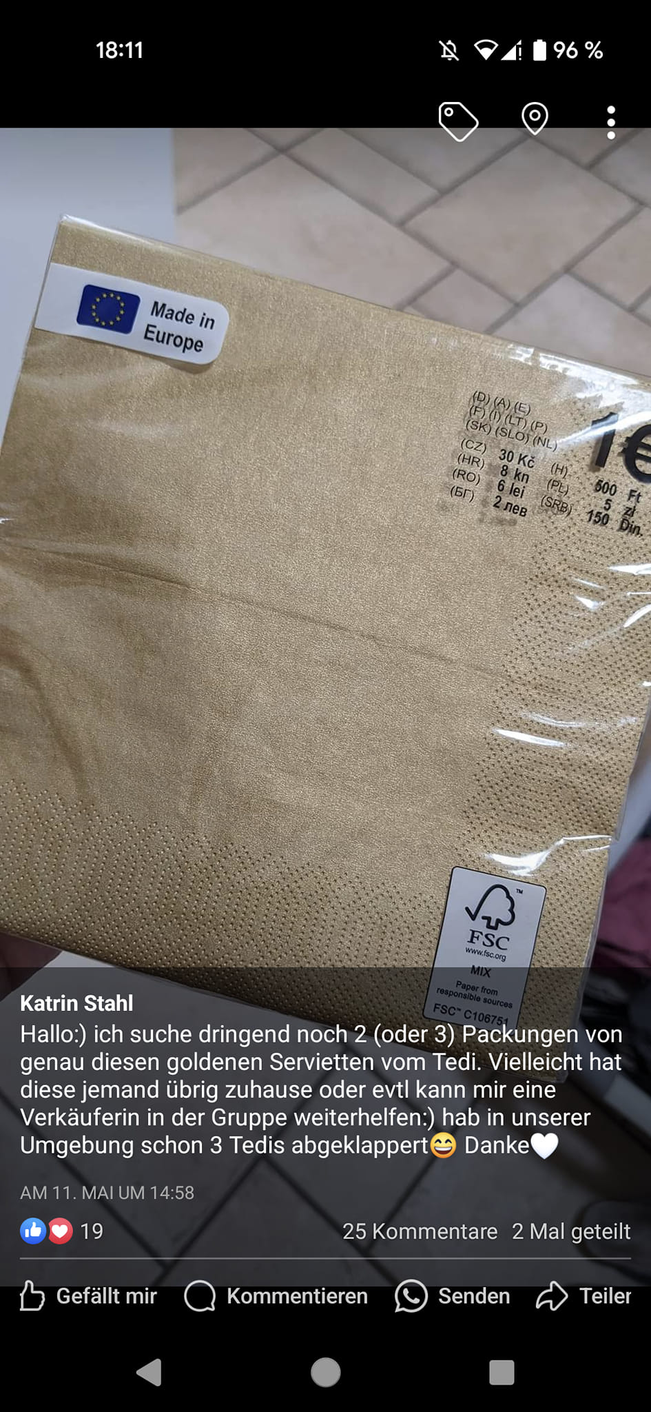 Hallo, bin immer noch auf der Suche nach diesen Servietten von Tedi, 2 Packungen, 33x33 cm Bräuchte sie bis zur Hochzeit am 3.8.24... Hab schon im Geschäft gefragt ob sie bestellt werden