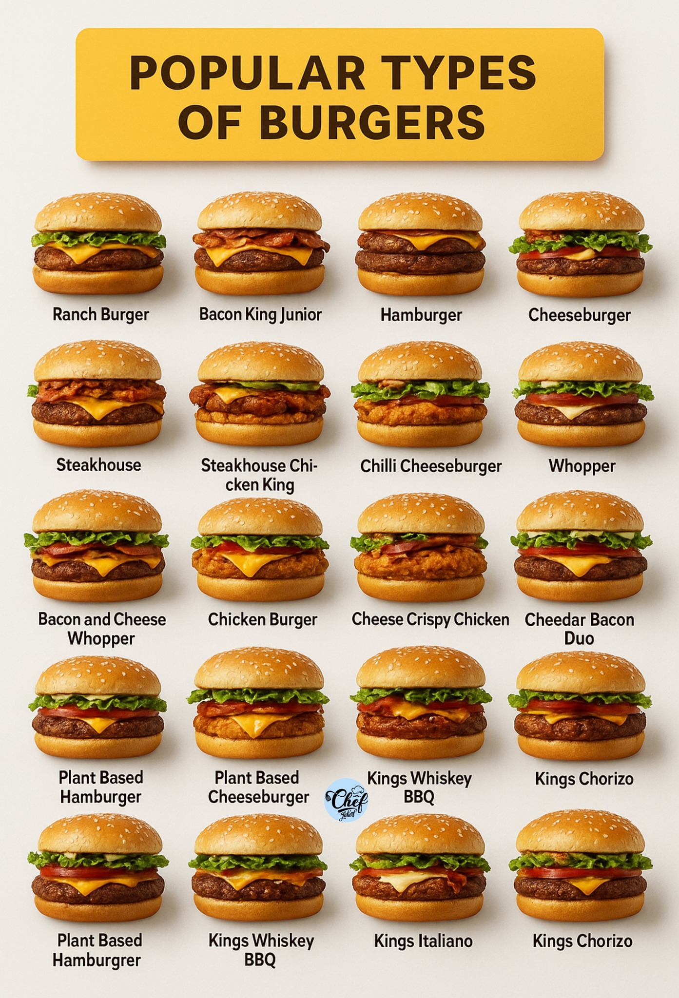 Chef Jahed - POPULAR TYPES OF BURGERS Classic Burgers:... | Facebook