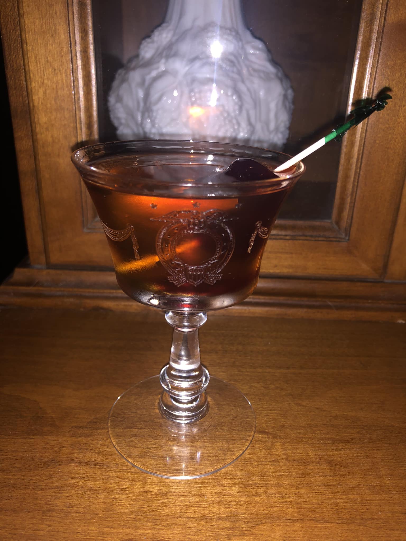 Amaretto old fashioned in Fostoria Colonial Mirror glass
