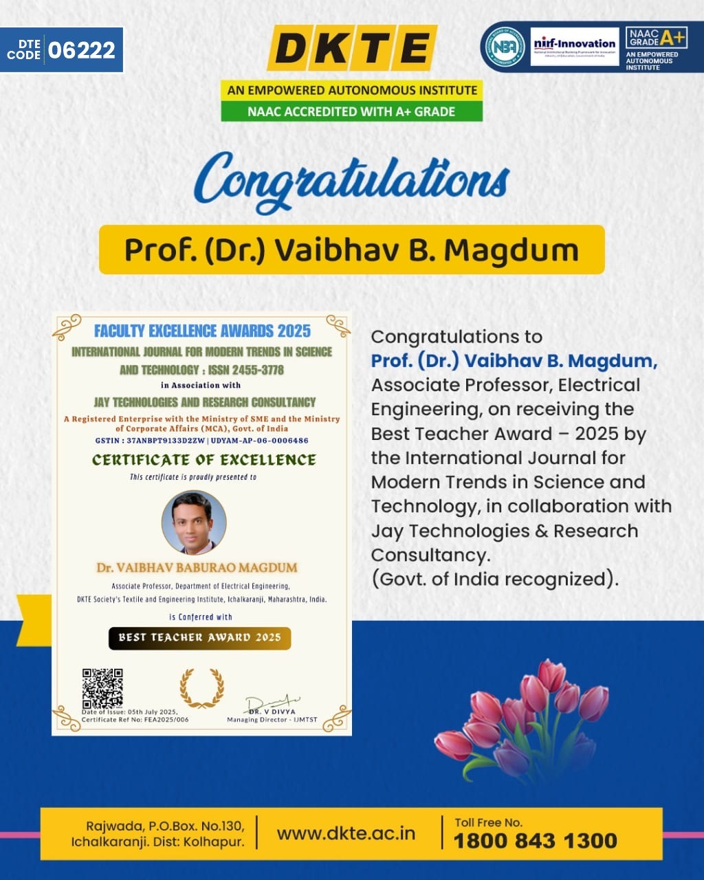 DKTE - Congratulations to Prof. (Dr.) Vaibhav B. Magdum, Associate ...