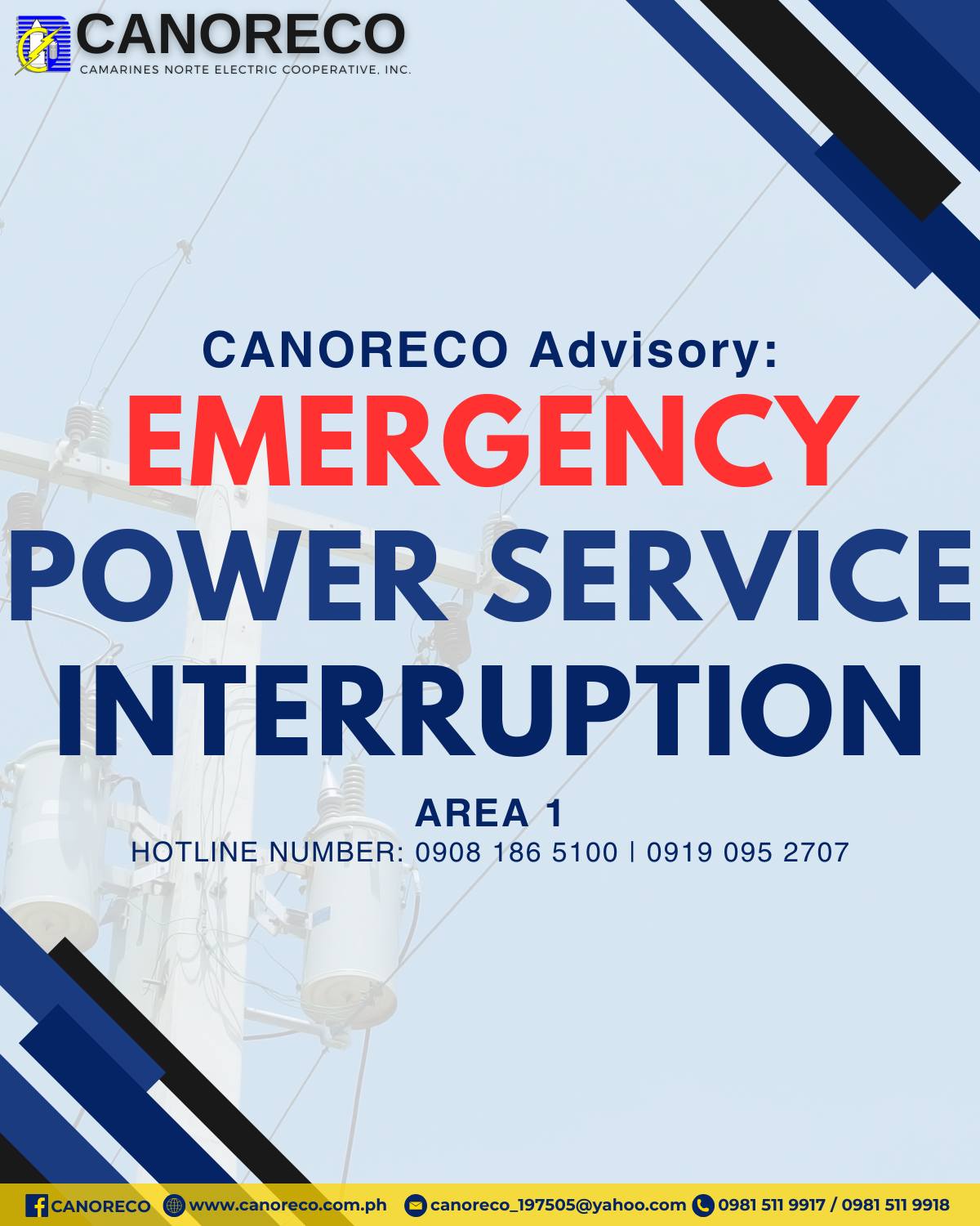 CANORECO - CANORECO Advisory: EMERGENCY POWER SERVICE INTERRUPTION ...