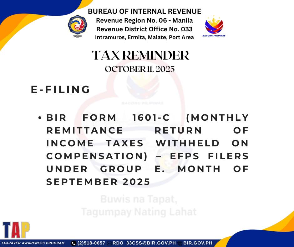 BIR - TAX REMINDER OCTOBER 11, 2025 e-FILING BIR Form 1601-C (Monthly ...
