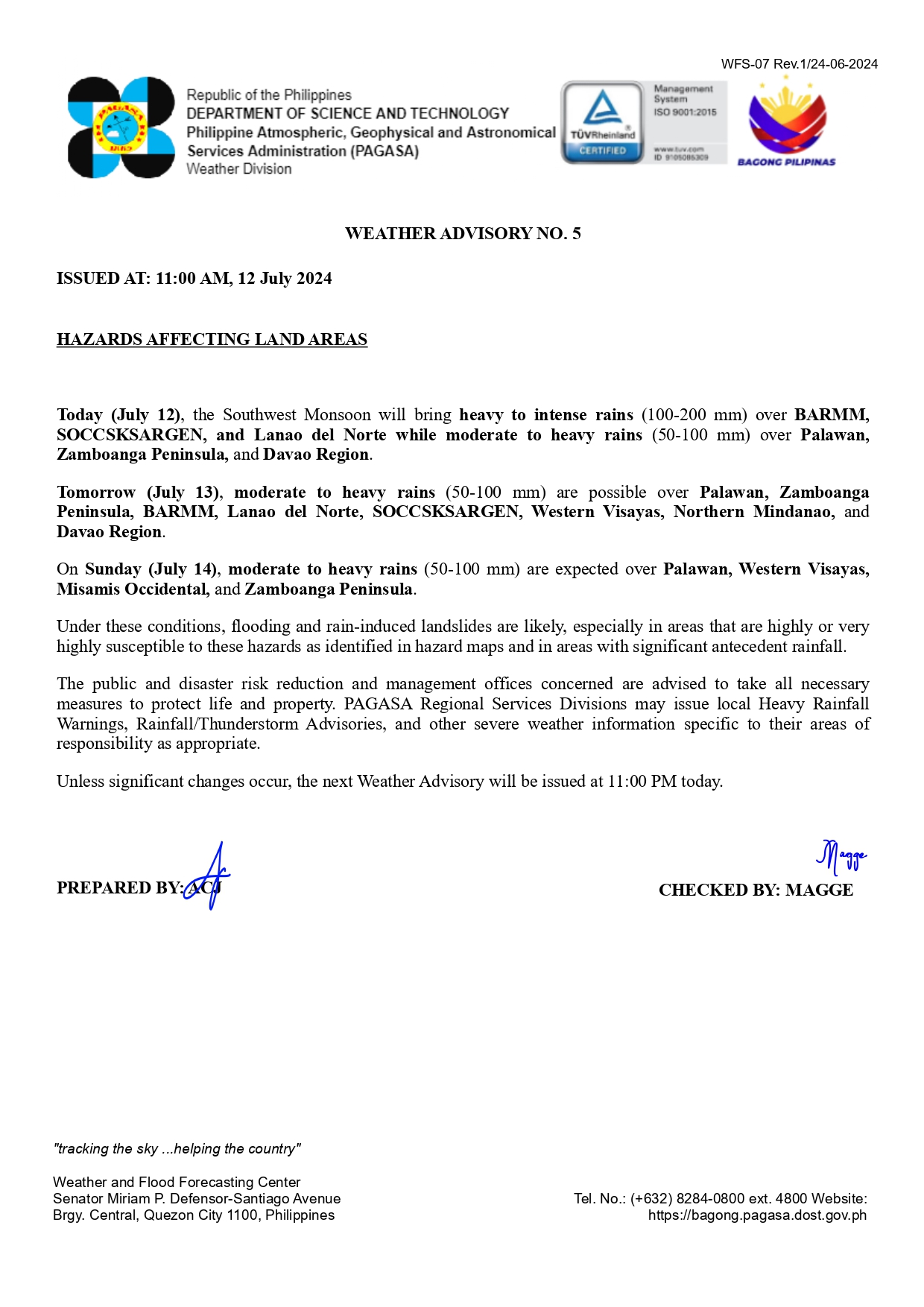 Civil - WEATHER ADVISORY NO. 5 ISSUED AT: 11:00 AM, 12 July 2024 ...