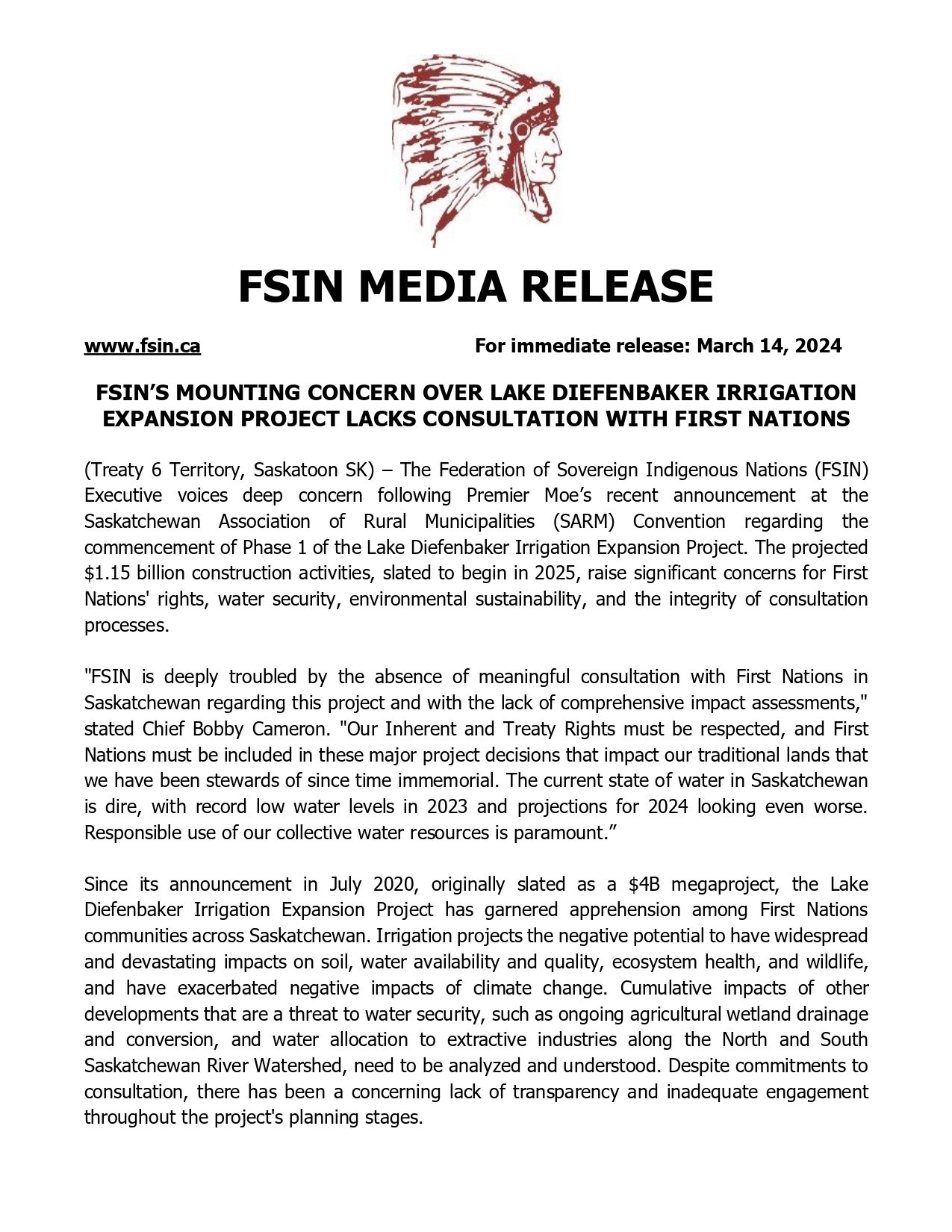 For... - Federation of Sovereign Indigenous Nations - FSIN