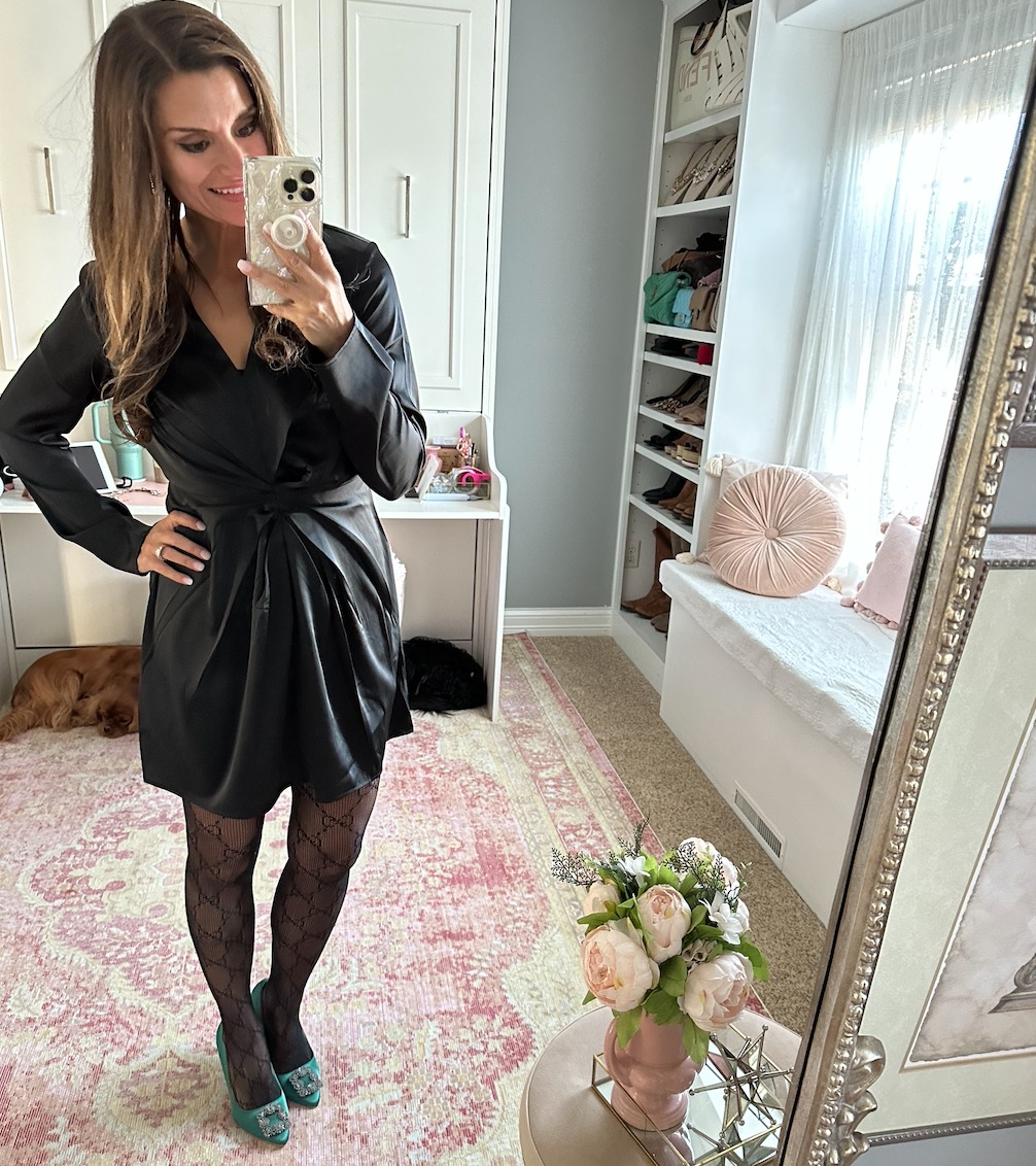 black dress with green heels Emerald One Shoulder Ainslee Midi neckline and sleeveless cut keep it flattering and minimal How to style an outfit