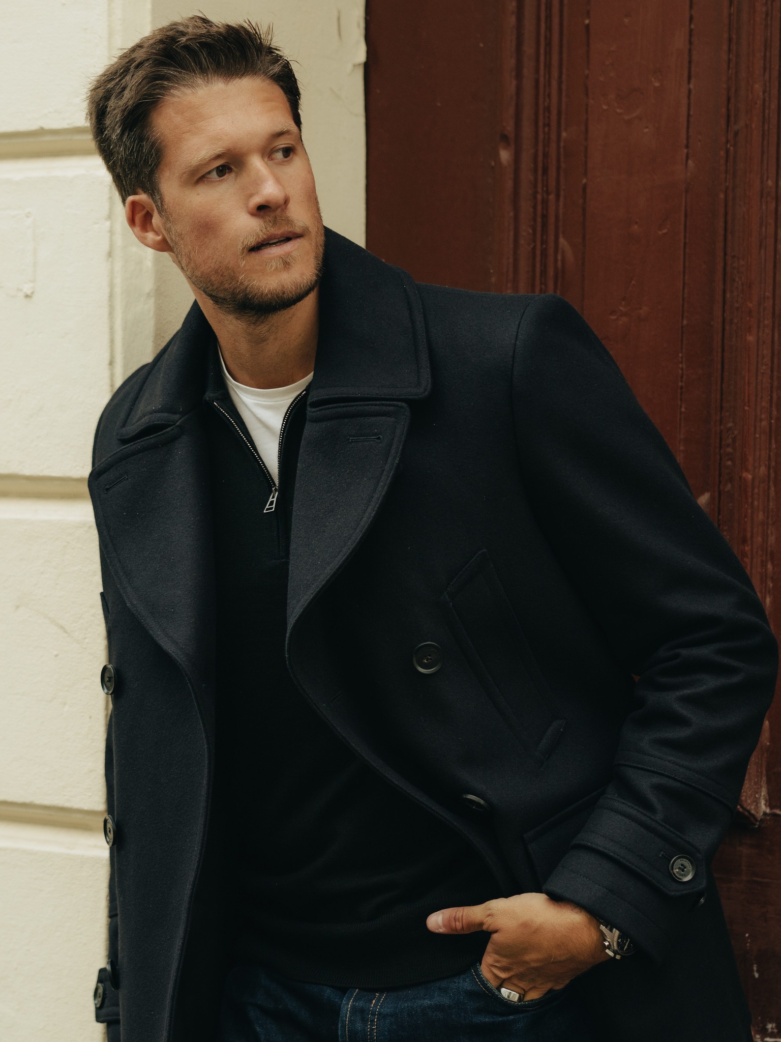 The Milford coat is a military-inspired classic that