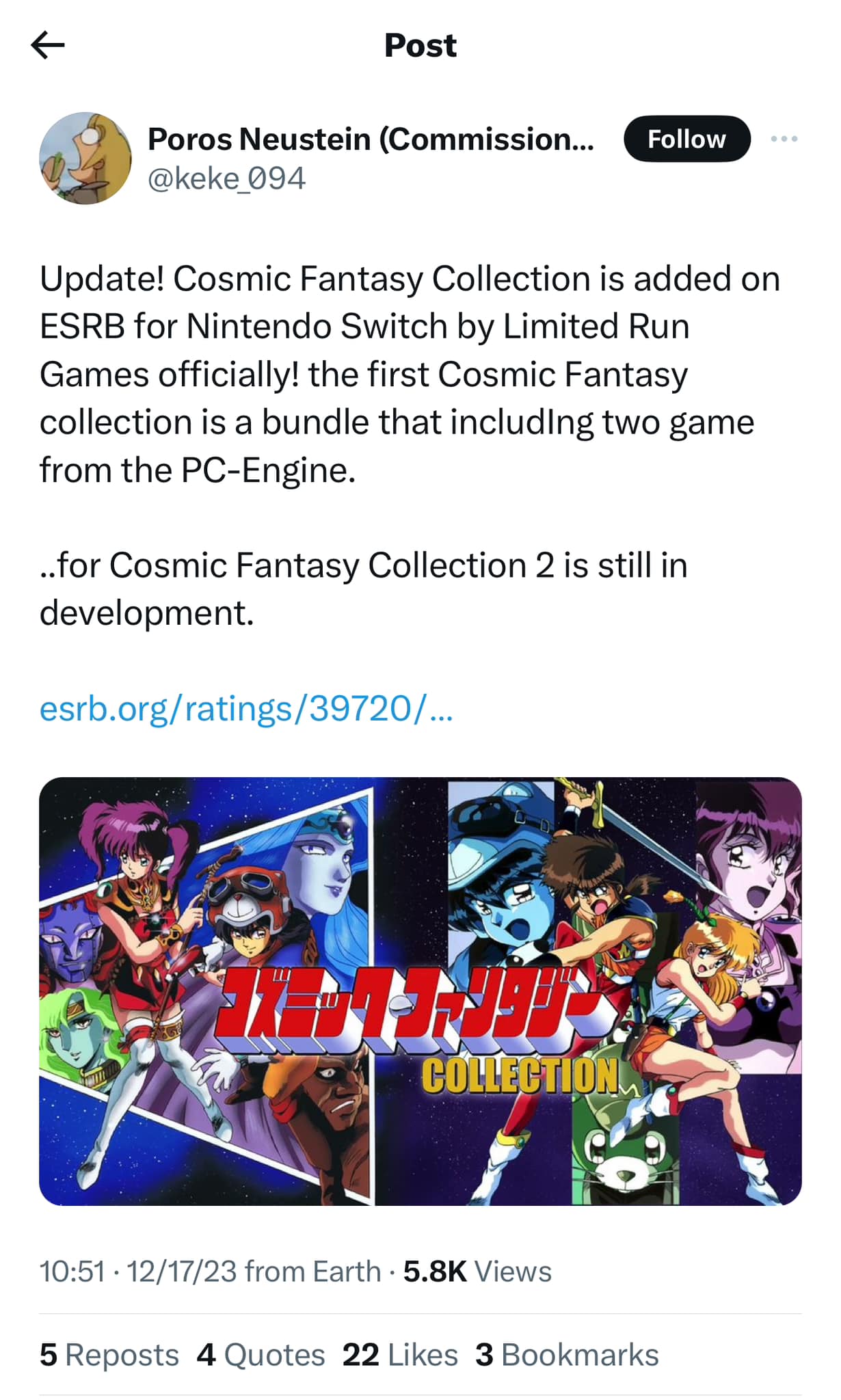 Jeu Cosmic Fantasy Collection (1&2) Pour Nintendo Switch - Édition Limited Run, Anglais, Occasion Bon état