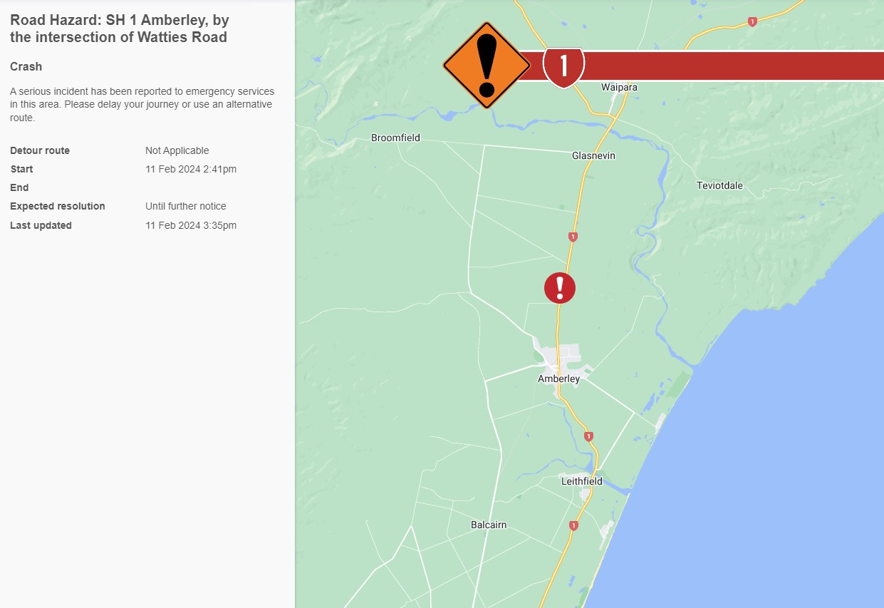 NZ - SH1 AMBERLEY, CANTERBURY - SERIOUS INCIDENT - FINAL UPDATE 4:30PM ...