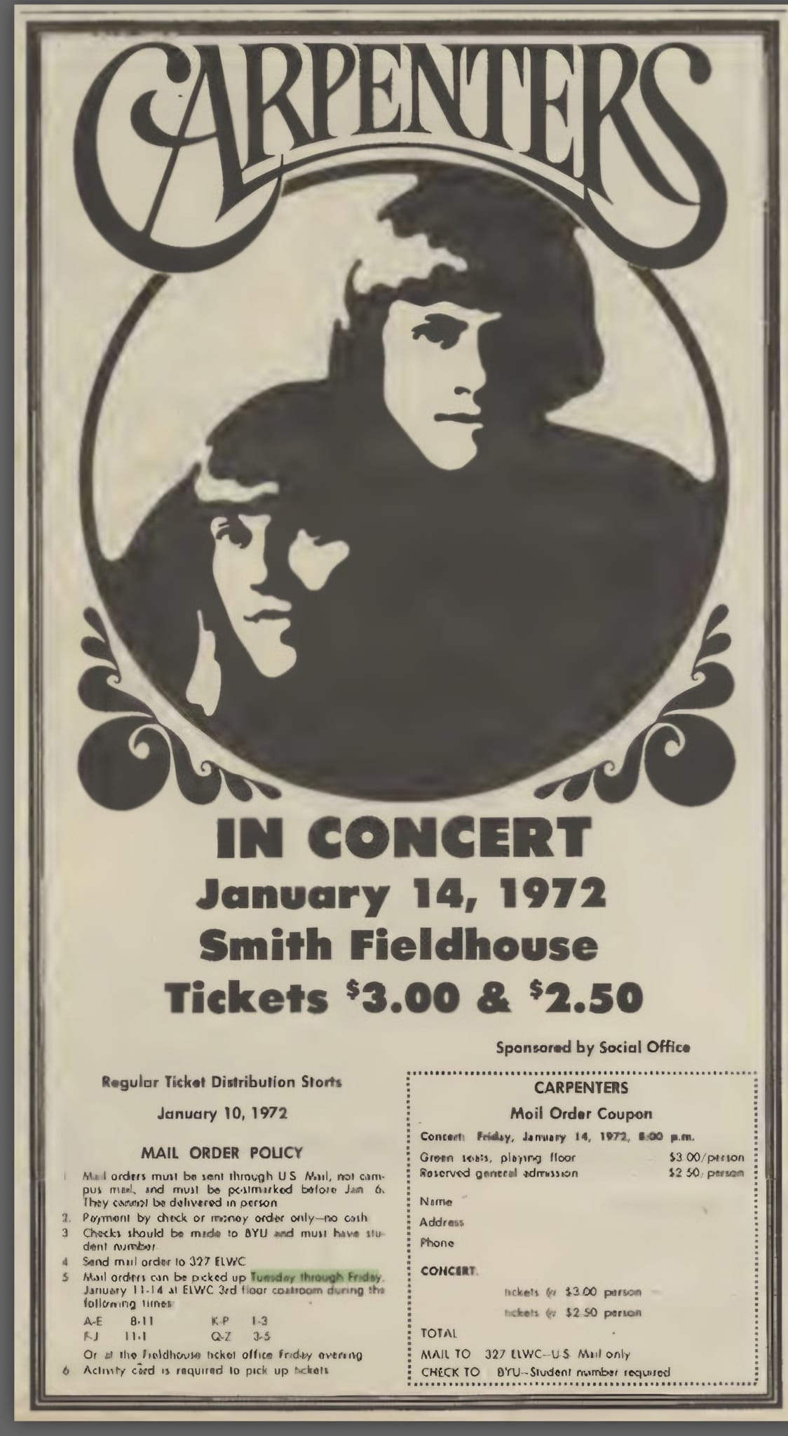 Promo Ad for The Carpenters Concert on January 14, 1972.