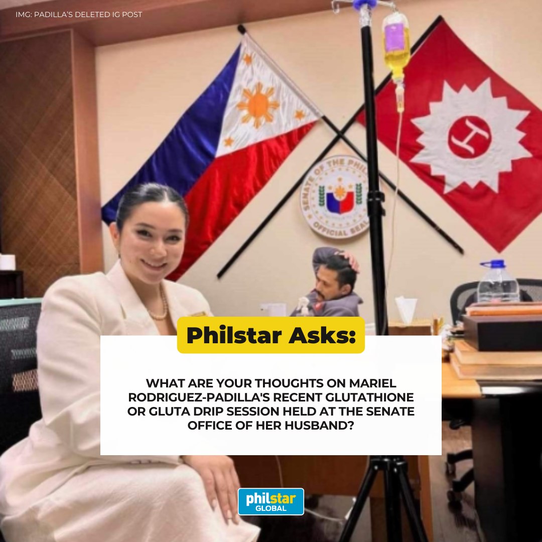 DRIP ANYWHERE' What can you say about celebrity online live seller Mariel Rodriguez-Padilla's glutathione or gluta drip session held at the Senate office of her husband Sen. Robin Padilla? Related: https://philstar.com/entertainment/2024/02/24/2335614 