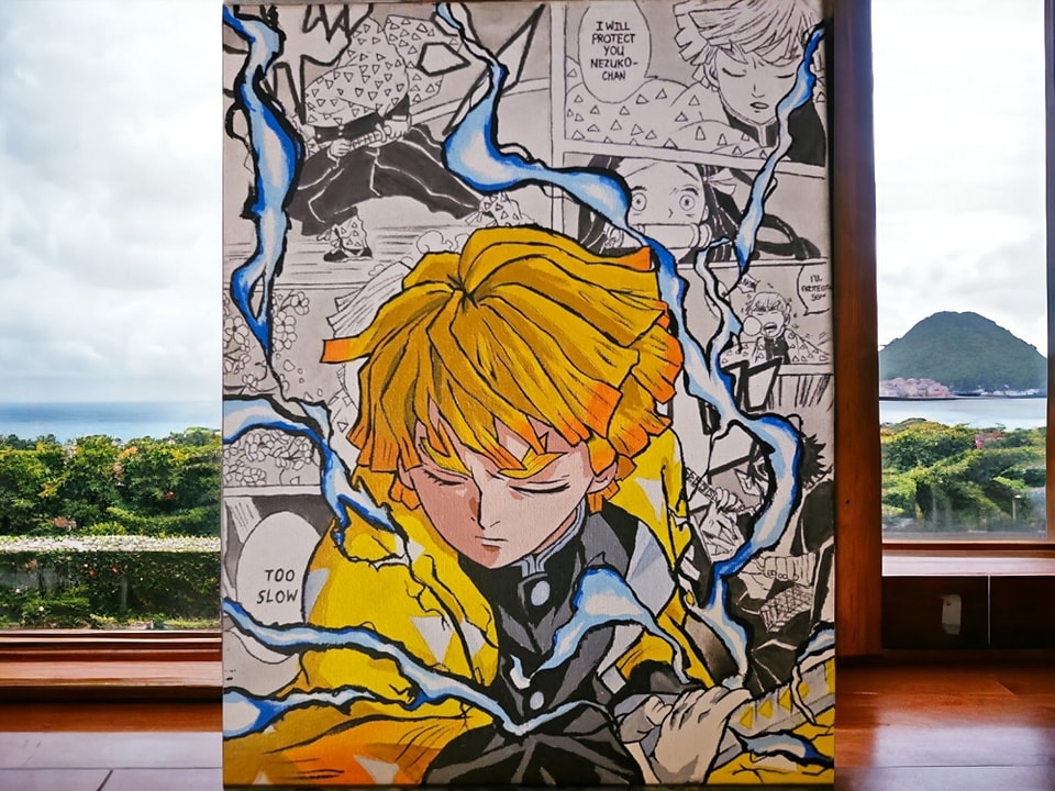 jitsu / Acrylic on canvas frameアート Zenitsu Agatsuma ! Acrylic paint on 11x14 canvas with liquatex ink