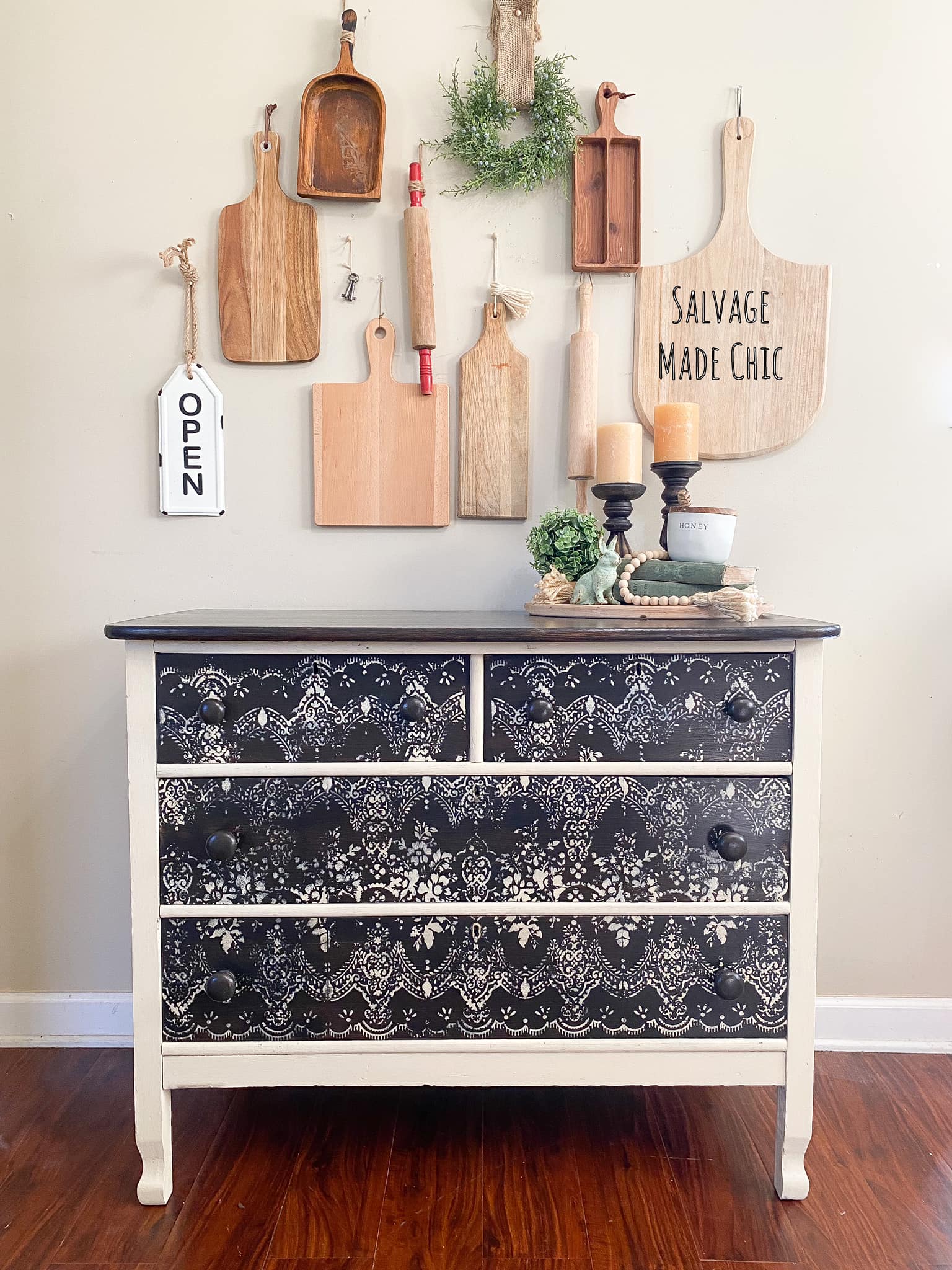 dresser with sunshine lady face I did a more rustic farmhouse look on this using Wild by Eye Love Hue brown wax in the details. The top and drawer fronts were stained a deep Metal hardware covered in