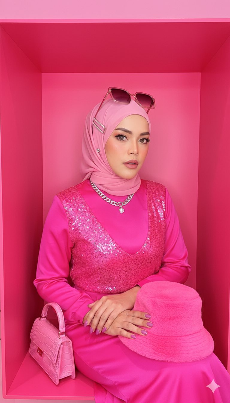hot pink dress with hijab Woman in ensemble and accessories fabric_Satin