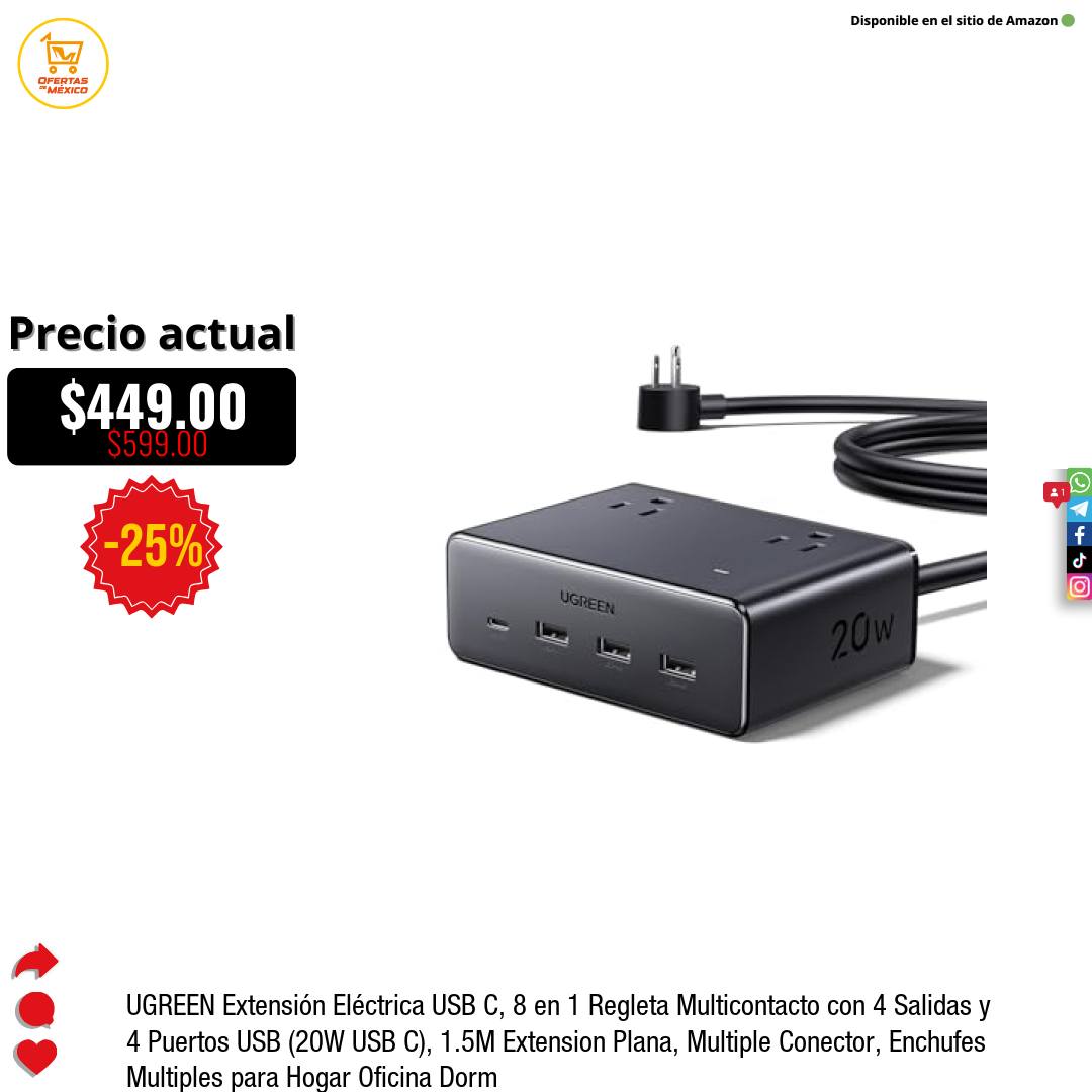 Ofertas - 🛍️ Amazon: UGREEN Extensión Eléctrica USB C, 8 en 1 Regleta ...