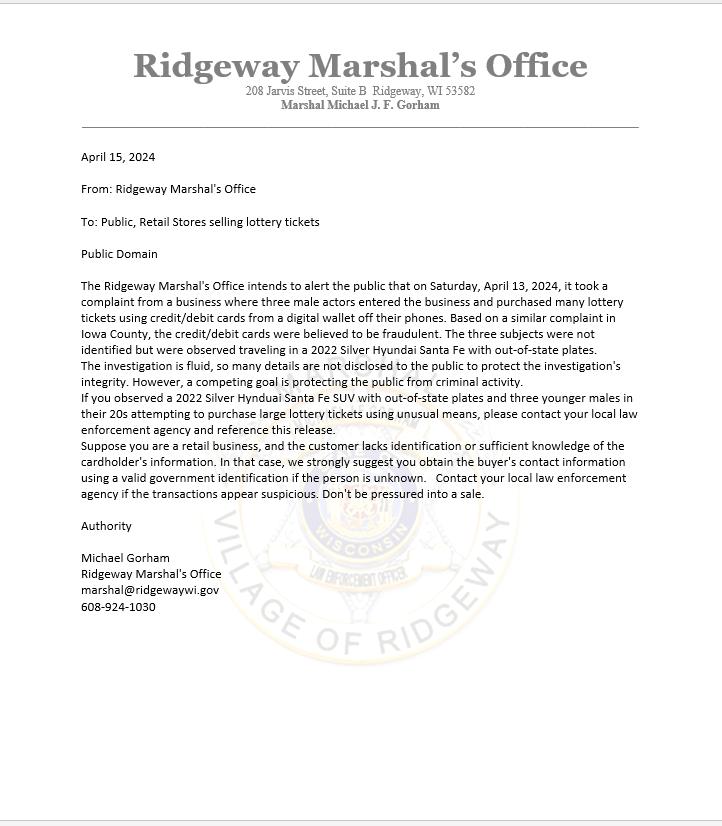 April 15, 2024... - Village of Ridgeway Marshal's Office WI
