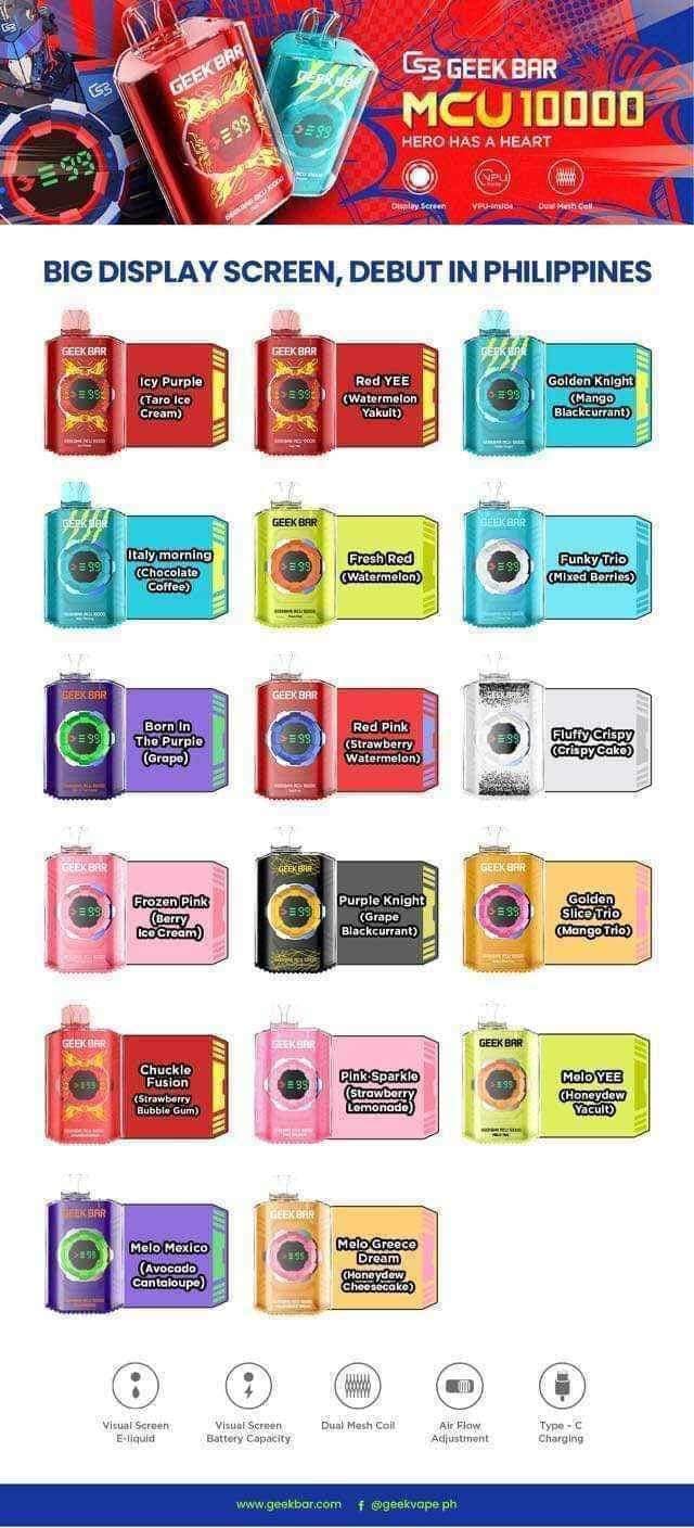 melo yee geek bar flavor RESTOCK‼️ MCU 10,000 puffs💨 (with free lanyards) Available Flavors: 📌 - Honeydew Yakult 📌 Pink Sparkle - Strawberry Lemonade 📌 Melo Greece Dream Flavour:Watermelon Geek Bar Stonemintz Flavor emailsegment_podkit