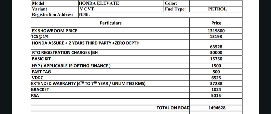 Hello Folks, Planning to buy Elevate V CVT in Pune. Quote offered
