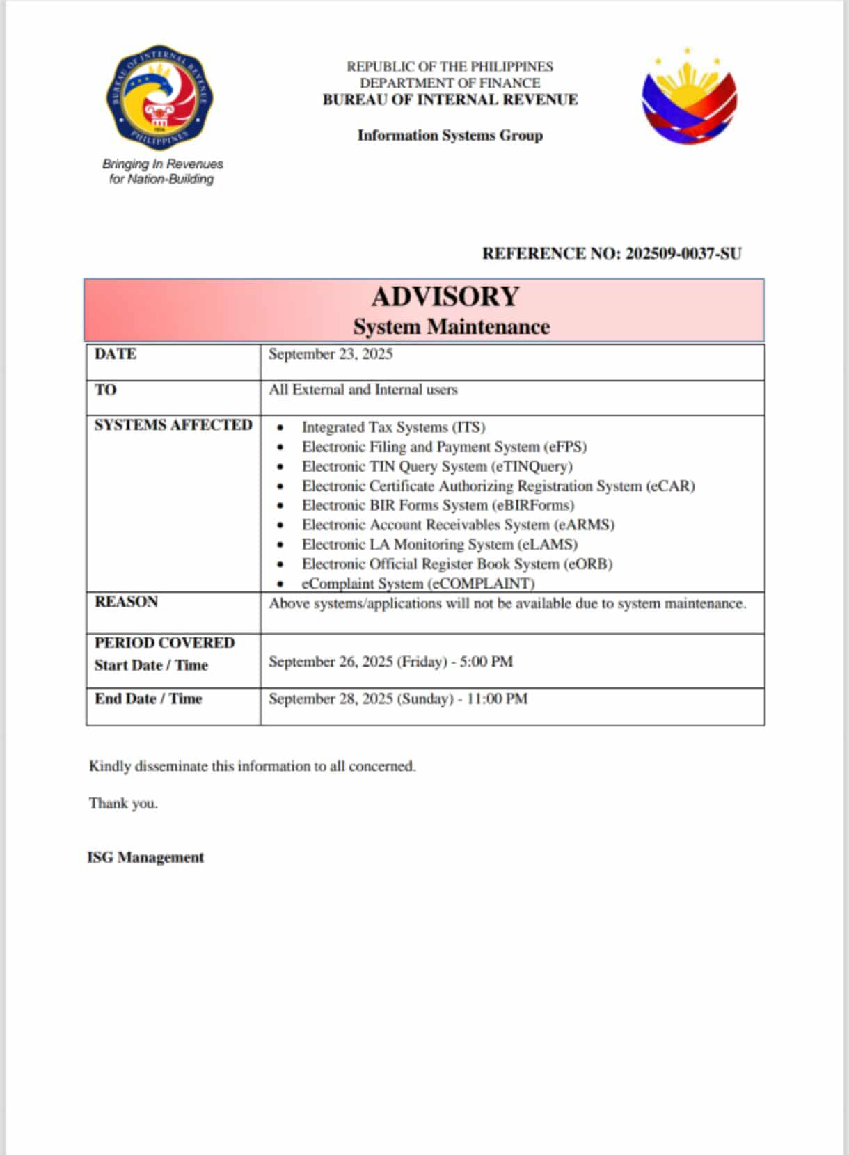 BIR - ADVISORY REF NO: 202509-0037-SU DATE: September 23,2025 TO: All ...