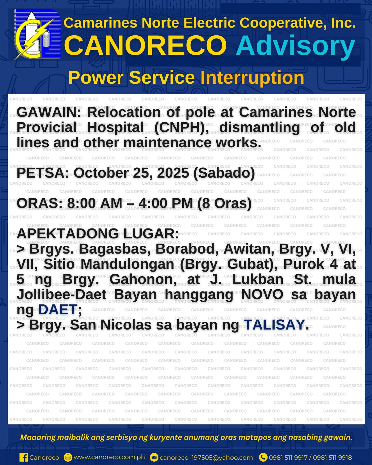 CANORECO - CANORECO Advisory: POWER SERVICE INTERRUPTION GAWAIN ...
