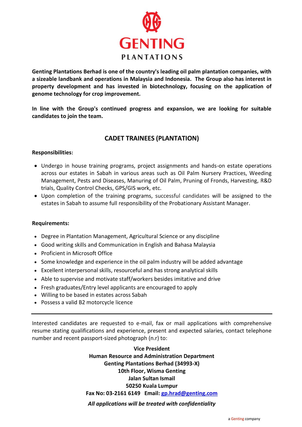 Fet Alumni Genting Plantations Is Looking For Cadet Trainees Plantation You May Contact Gp Hrad Genting Com If You Are Interested Facebook