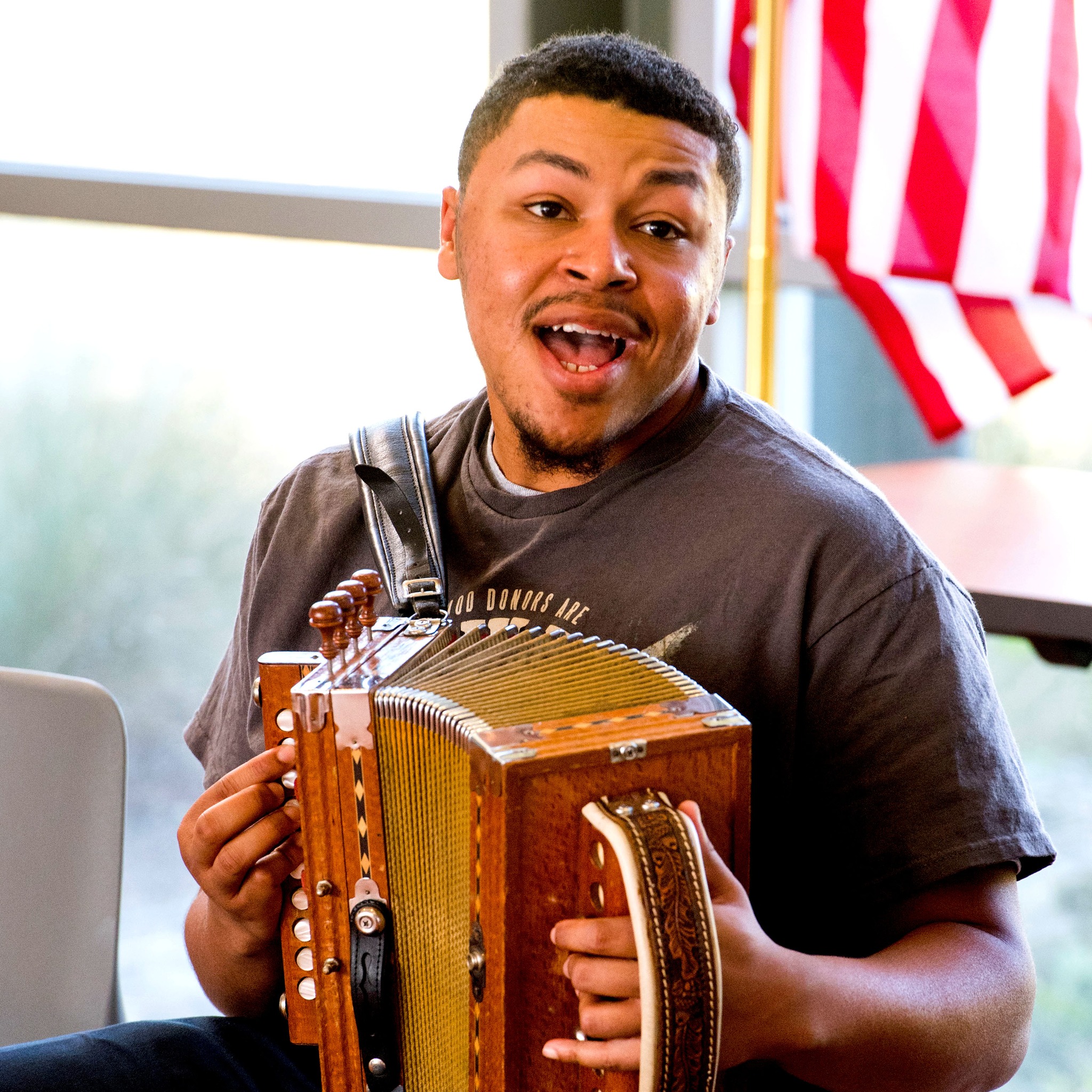 M. J. Fontenot, a 21-year-old accordionist from Chataignier, leads