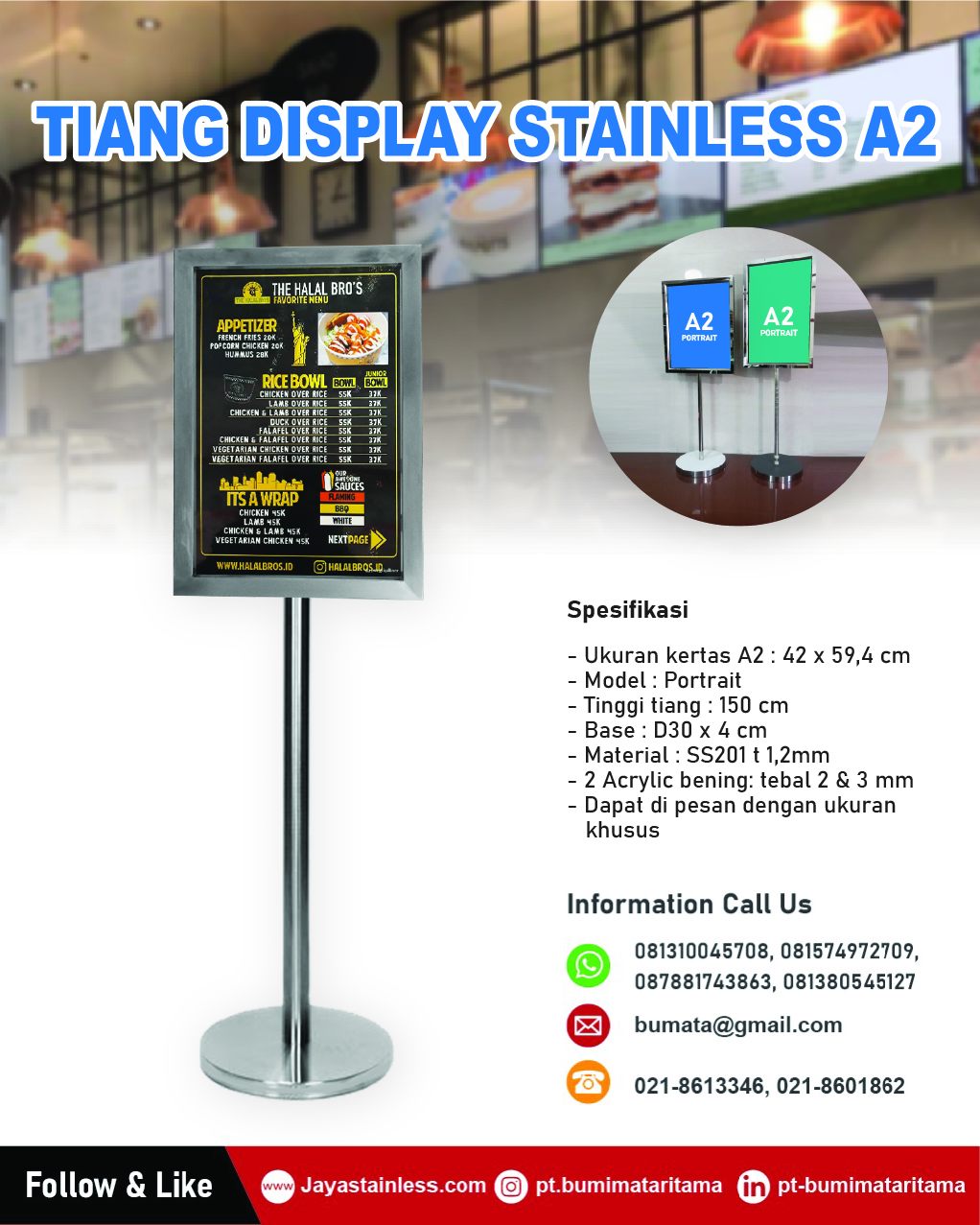 Jaya - Jayastainless.com - Tiang display stainless untuk kertas A2 kaca ...