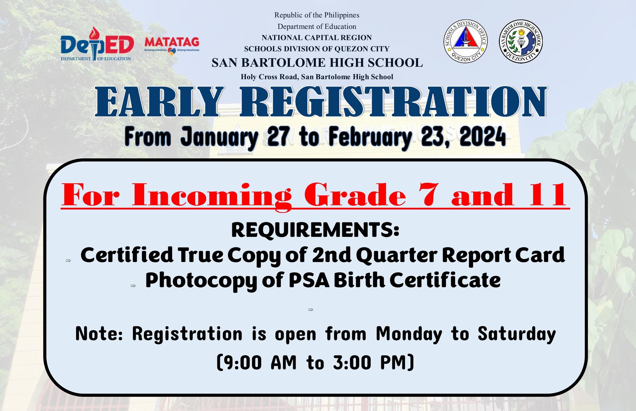 San - Head's up! Early registration for incoming Grade 7 and Grade 11 ...