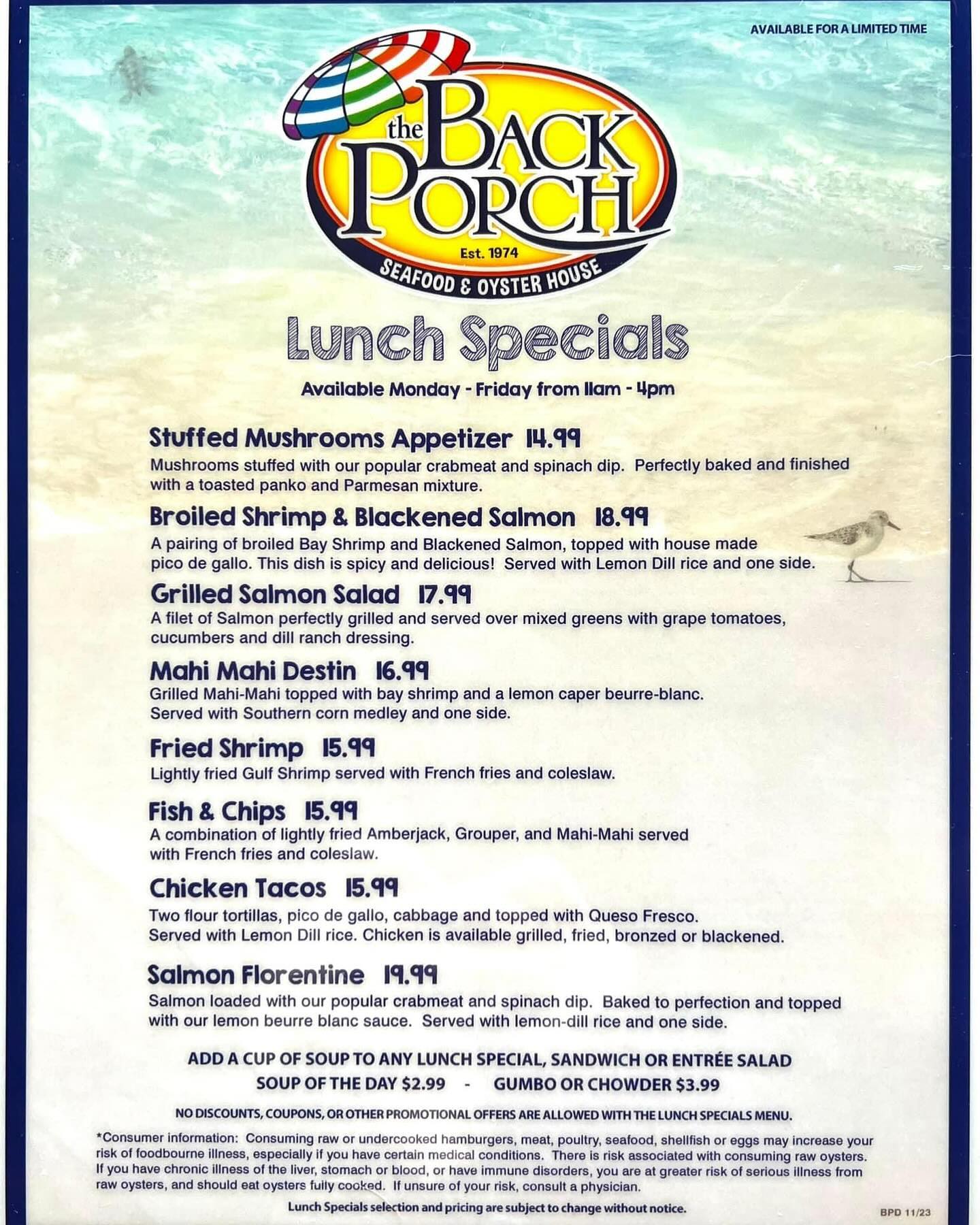 ⛱️☀️LUNCH SPECIALS!!... - The Back Porch in Destin, Florida | Facebook