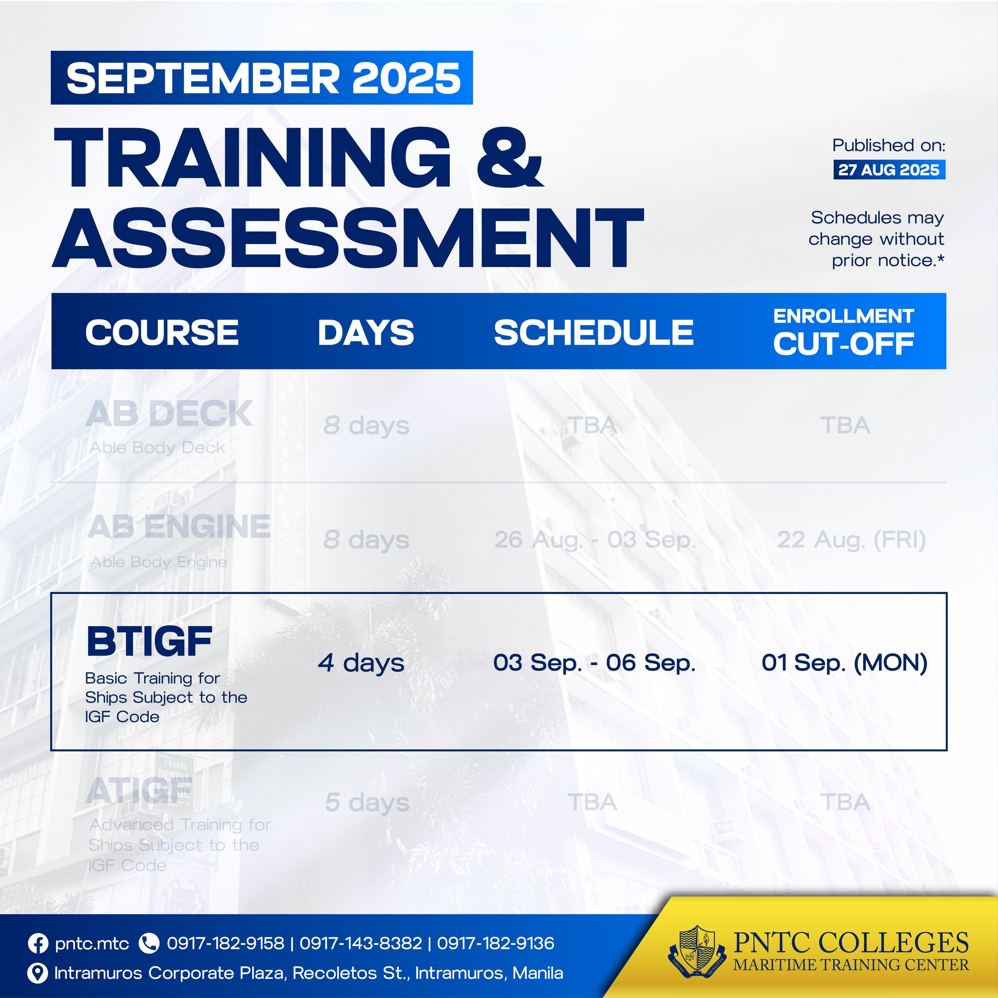 PNTC - BTIGF Schedule (September) Here is the newly released schedule ...