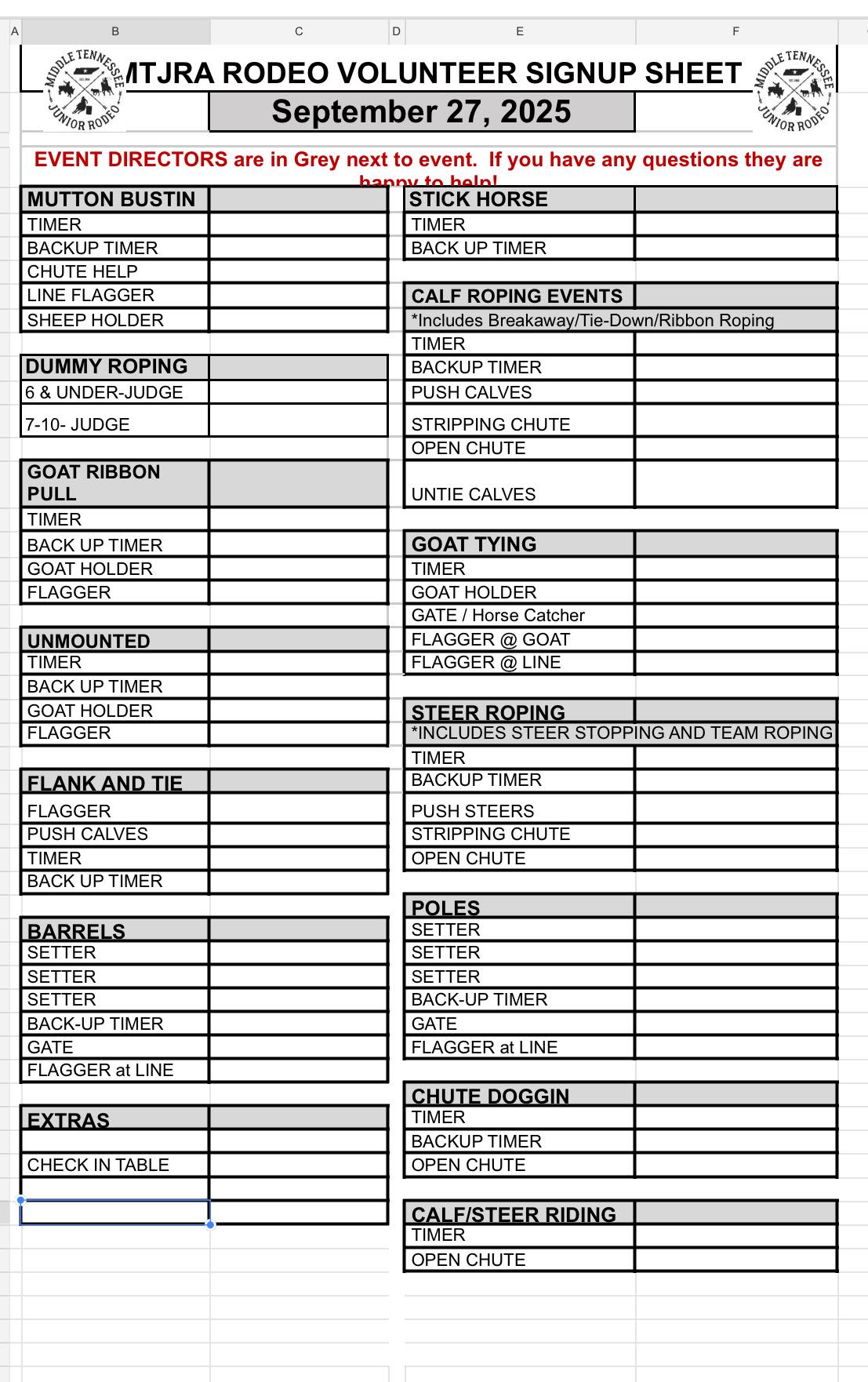 Volunteer sheet for... - Middle TN Junior Rodeo Association | Facebook