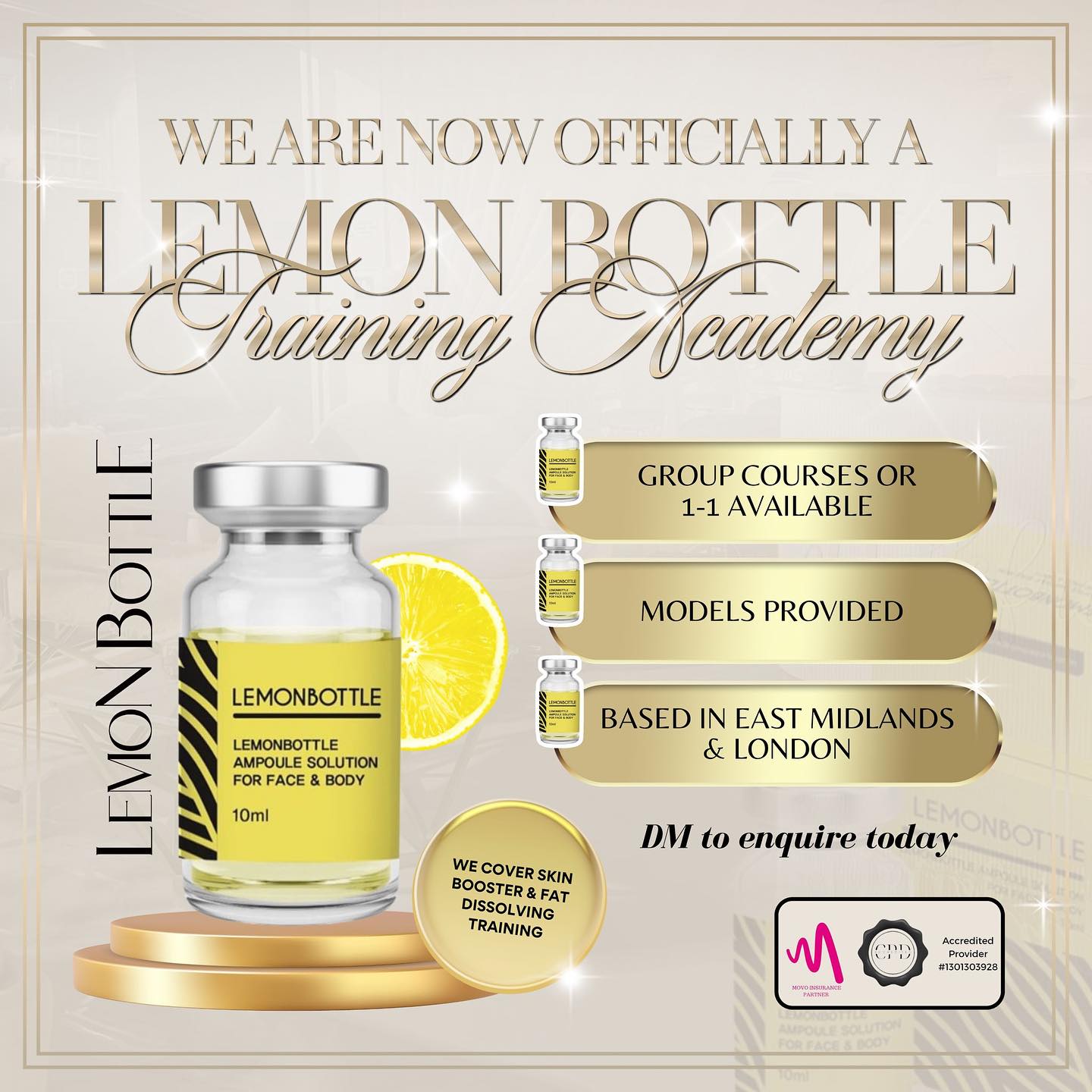 🍋 𝐎𝐅𝐅𝐈𝐂𝐈𝐀𝐋 𝐋𝐄𝐌𝐎𝐍 𝐁𝐎𝐓𝐓𝐋𝐄 𝐀𝐂𝐀𝐃𝐄𝐌𝐘 🍋 We are delighted to announce we are an official lemon bottle training academy. We are offering CPD accredited courses in Fat Dissolving & Skin Boosters by