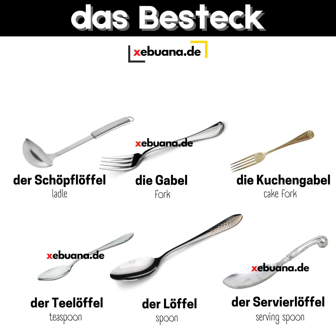 Cutlery in German – Essential Dining Vocabulary” „Besteck auf Deutsch – Wichtiger Tischwortschatz“ This set of words teaches you common cutlery vocabulary in German, such as der Löffel (spoon), die