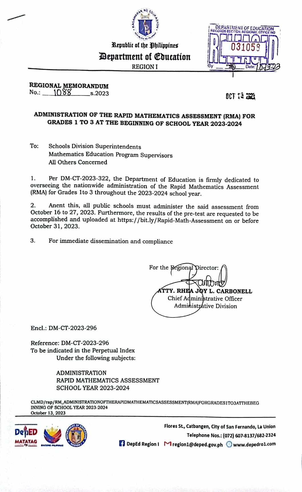 Regional Memorandum No. 1088,... - DepEd Tayo - La Union SDO