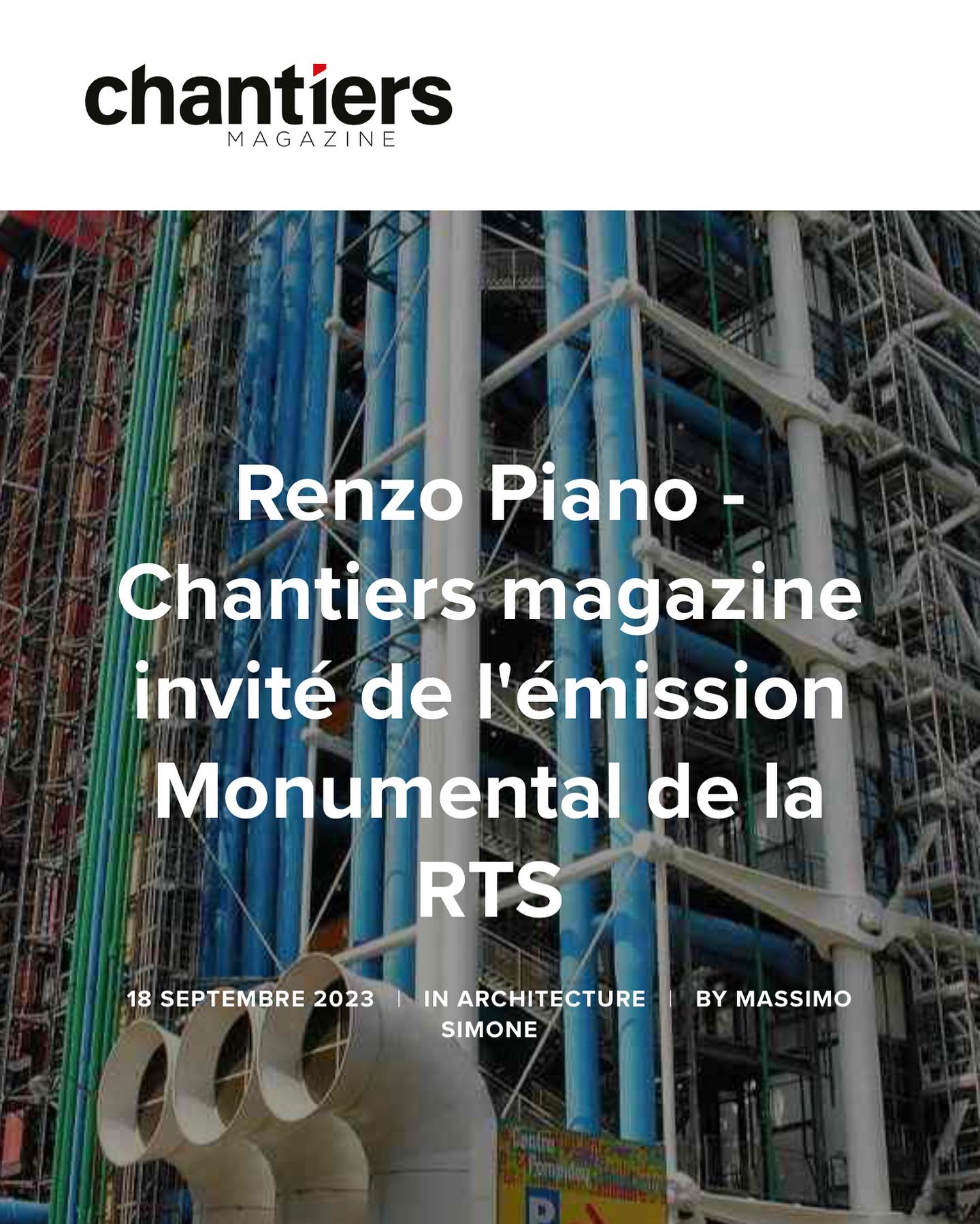 Chantiers - Retour sur l’oeuvre de Renzo Piano au cours de l’émission ...
