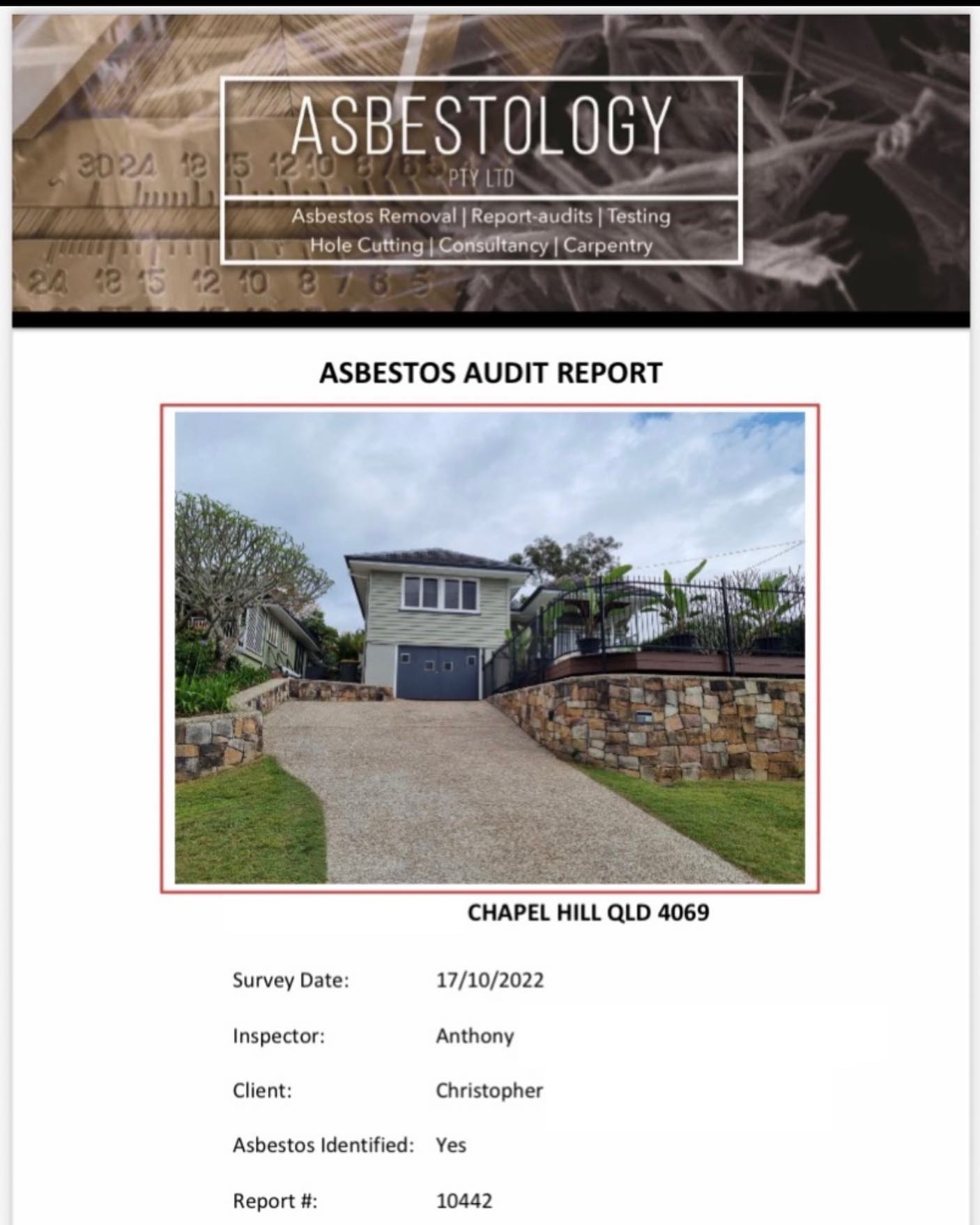 Asbestology - Asbestos Audit Inspection Report Completed...