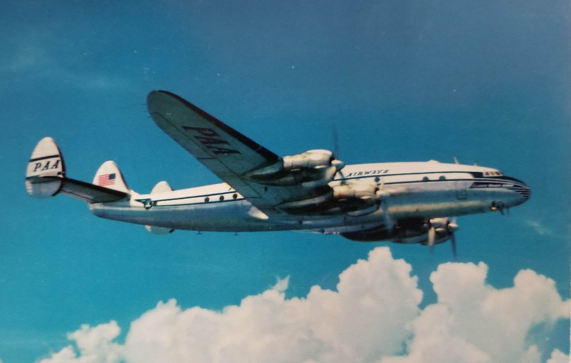 Pan Am Constellation plane in flight circa 1952