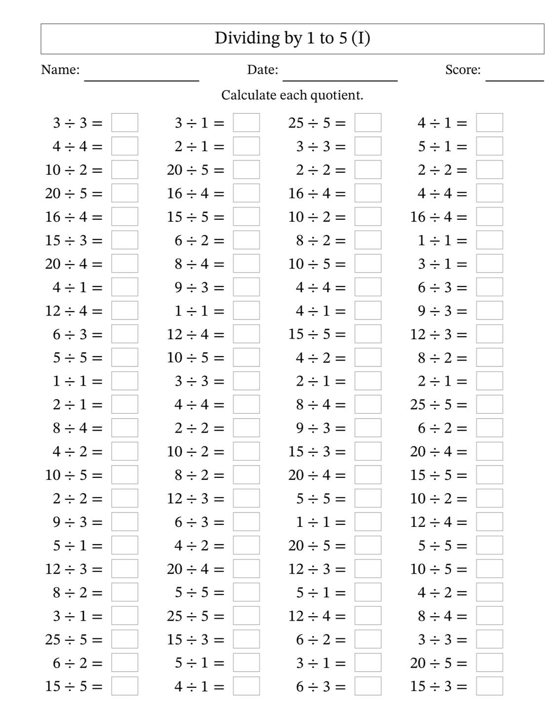 Learn - Dividing by 1–5 Practice Worksheet Perfect for helping learners ...