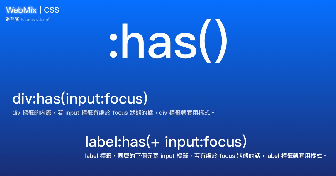 WebMix - 今天要來分享 CSS 當中的 :has() 使用方式，可用來處理以下的問題： 只靠 CSS 的話，無法往父層找元素。 只靠 ...